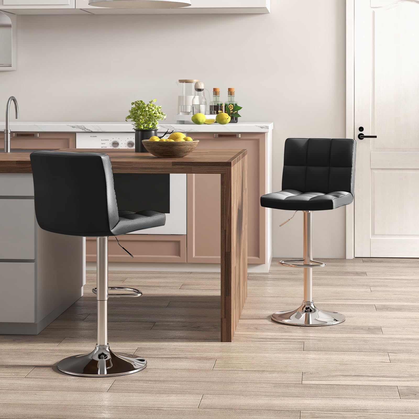 Modern PU Leather Height Adjustable Bar Stools  Set of 1/2 with Back, Footrest, Metal Base