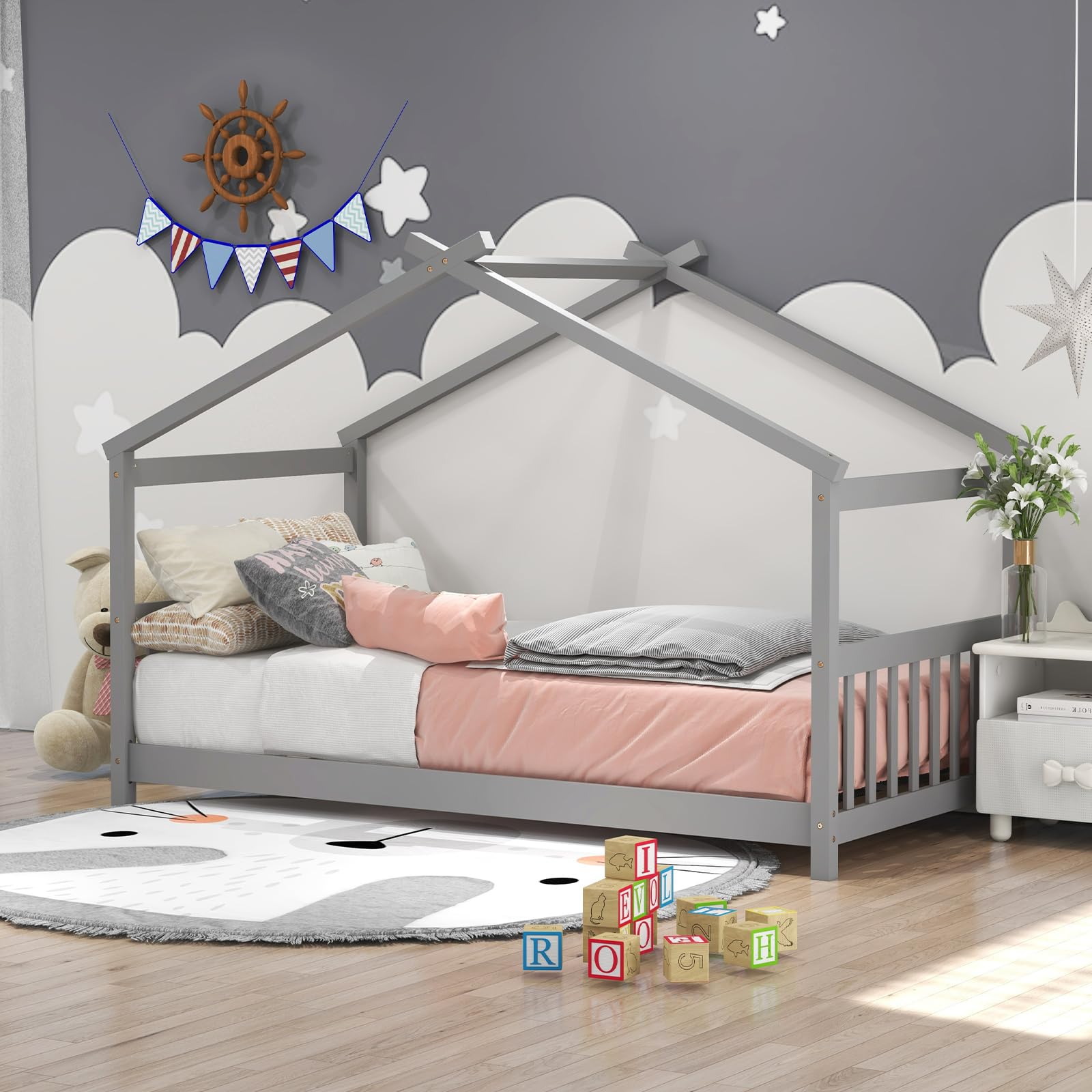Twin Wood Kids House Bed with Roof, Headboard and Footboard