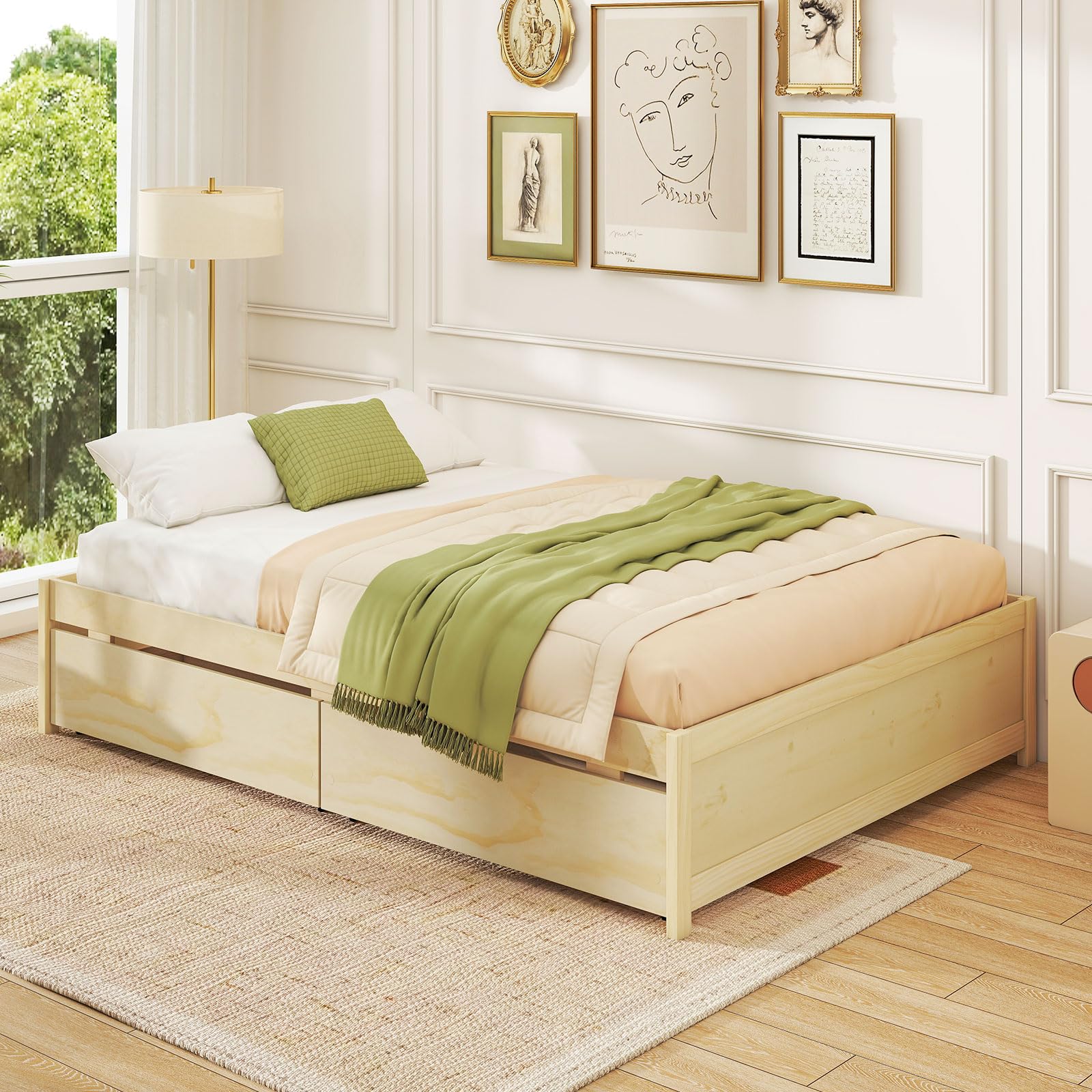 Bed Frame with 2 Storage Drawers, Solid Wood Platform Bed with Slats Support
