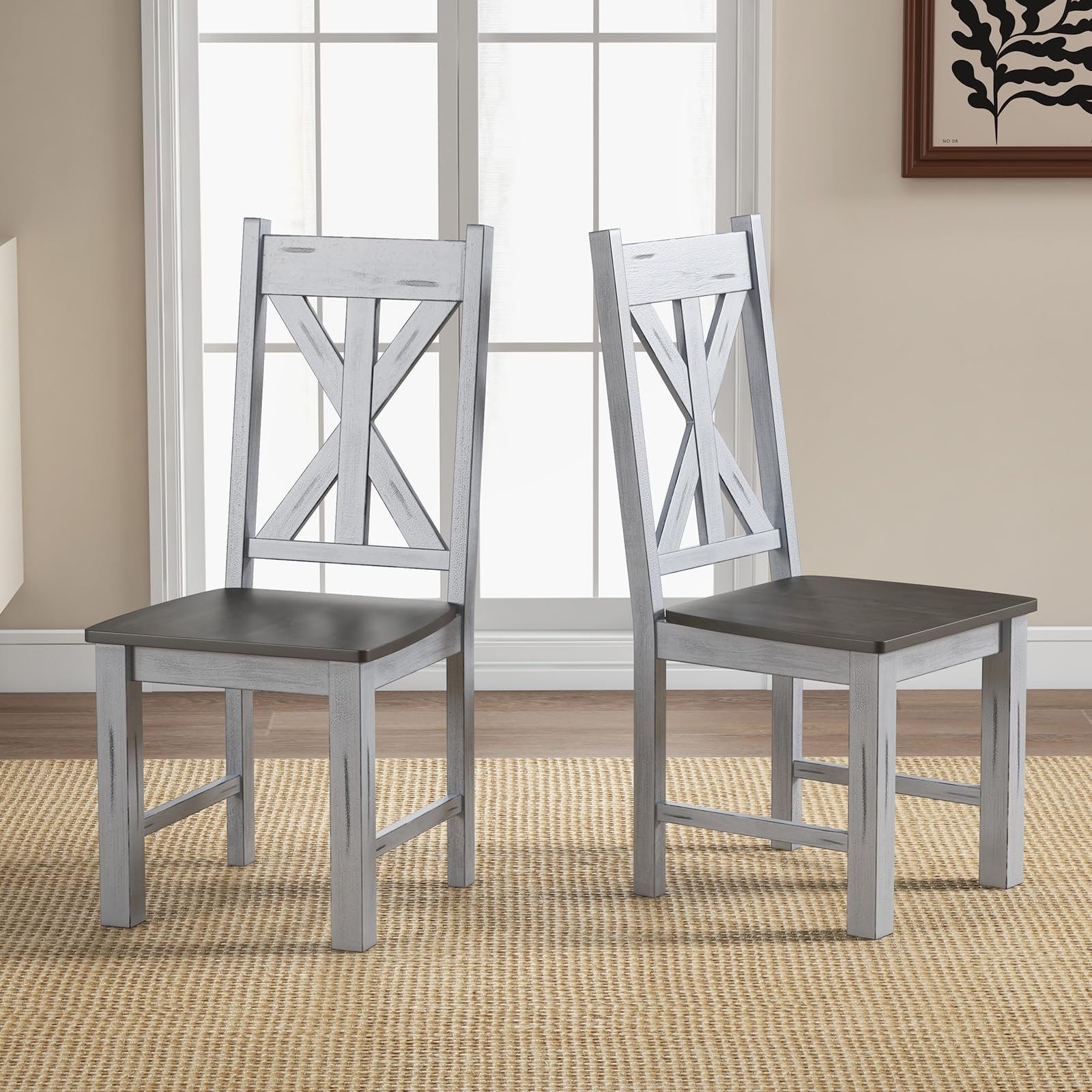 Retro Wooden Dining Chairs Set of 2/4, Farmhouse Kitchen Chairs w/Rubber Wood Frame, Elegant Hollowed Backrest