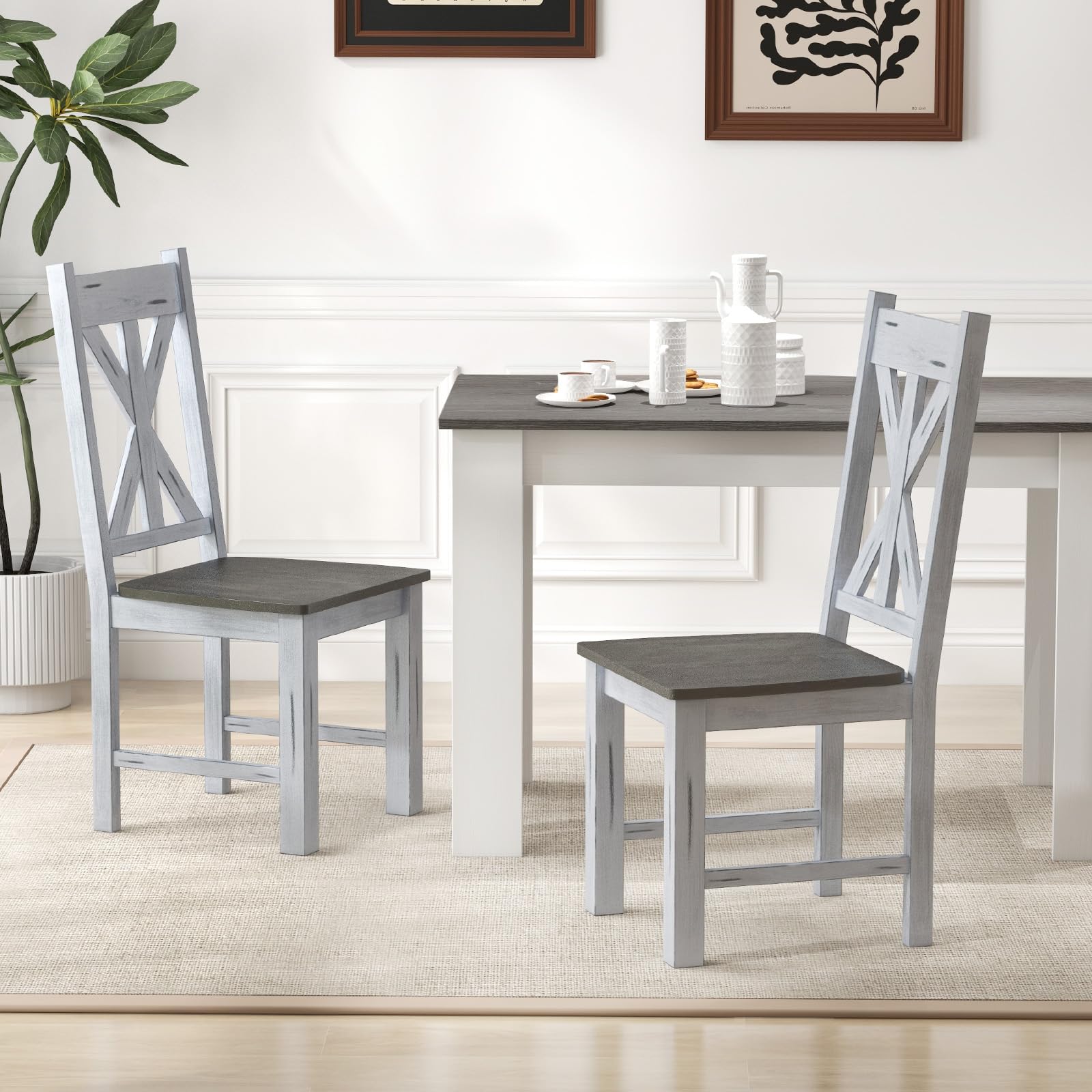 Retro Wooden Dining Chairs Set of 2/4, Farmhouse Kitchen Chairs w/Rubber Wood Frame, Elegant Hollowed Backrest