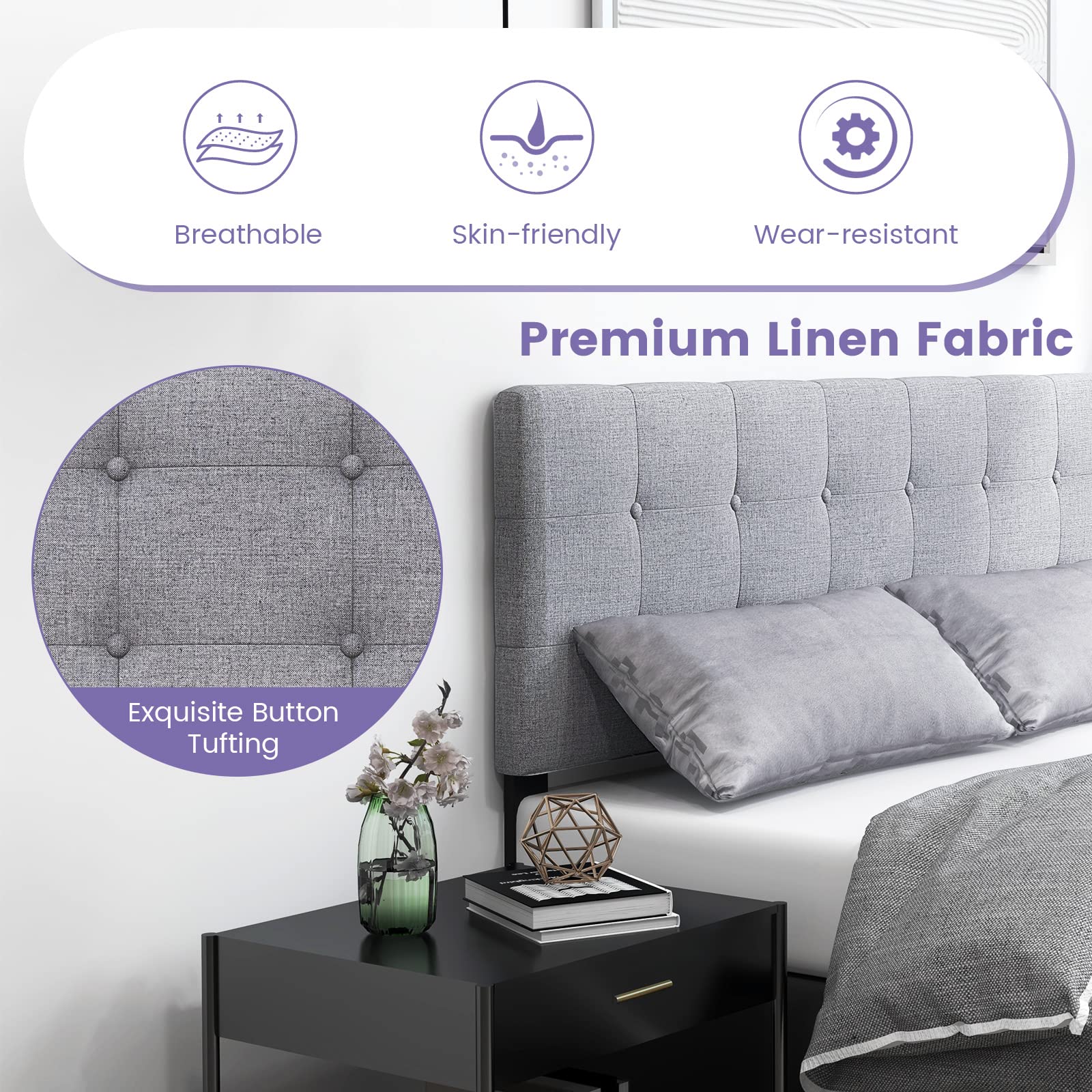 Linen Upholstered Headboard, Modern Tufted Button Bed Headboard with Solid Rubber Wood Legs