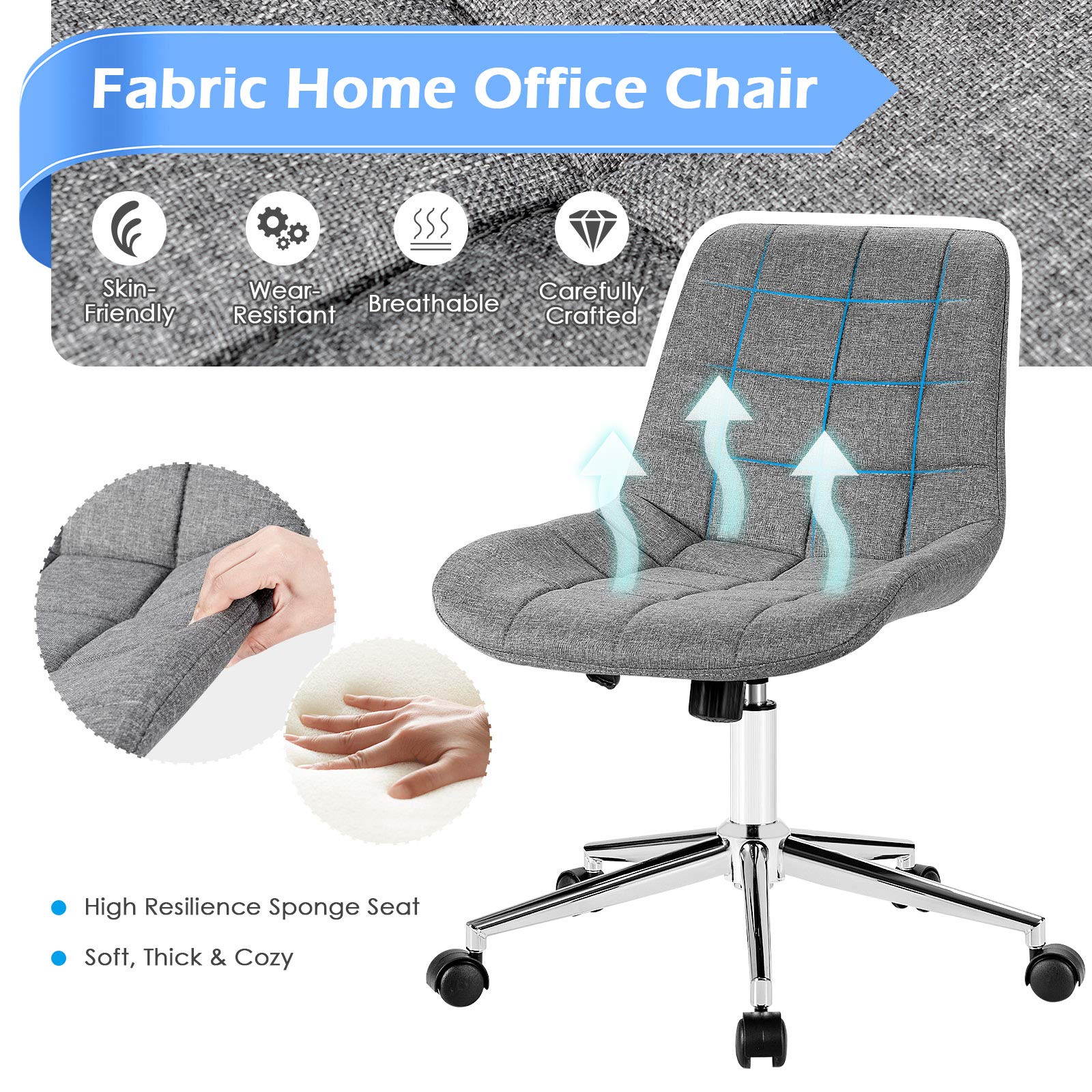Modern Home Office Chair, Fabric Armless Leisure Chair w/Stable Metal Base and Rocking Function