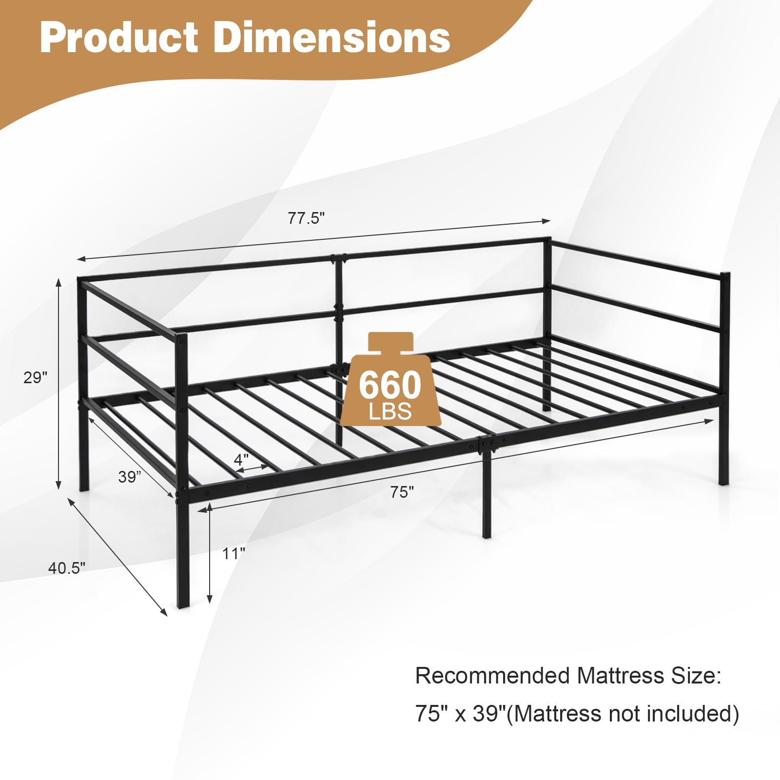 Metal Twin Daybed with Heavy Duty Slat Support, Space Saving Sofa Bed