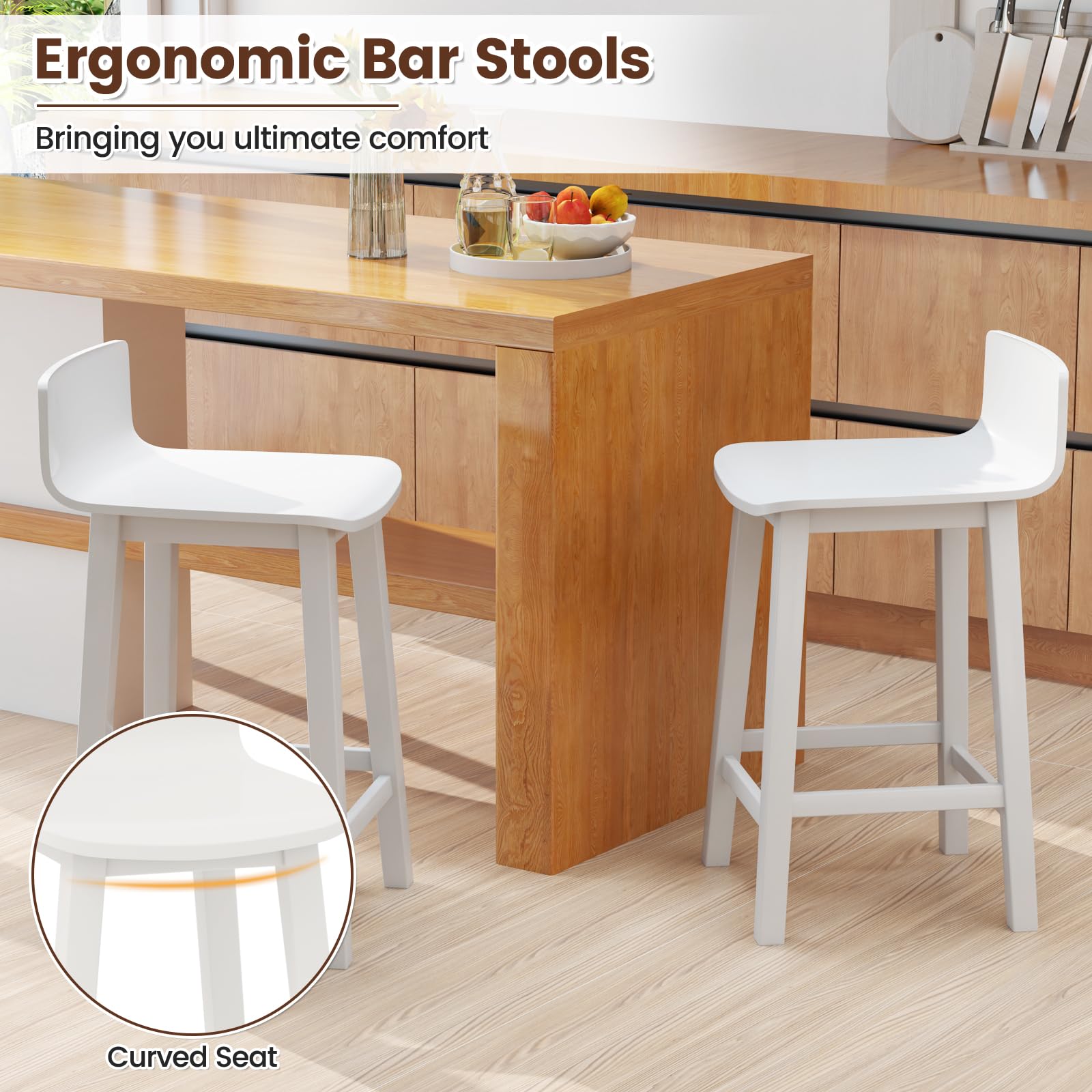 Solid Wood Bar Stools Set of 2/4, Counter Height Chairs with Low Back and Footrest