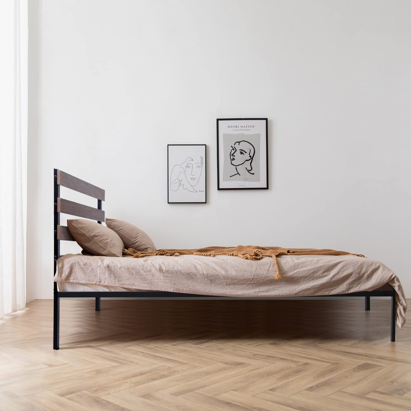 Metal Bed Frame with Wood Headboard and Slats