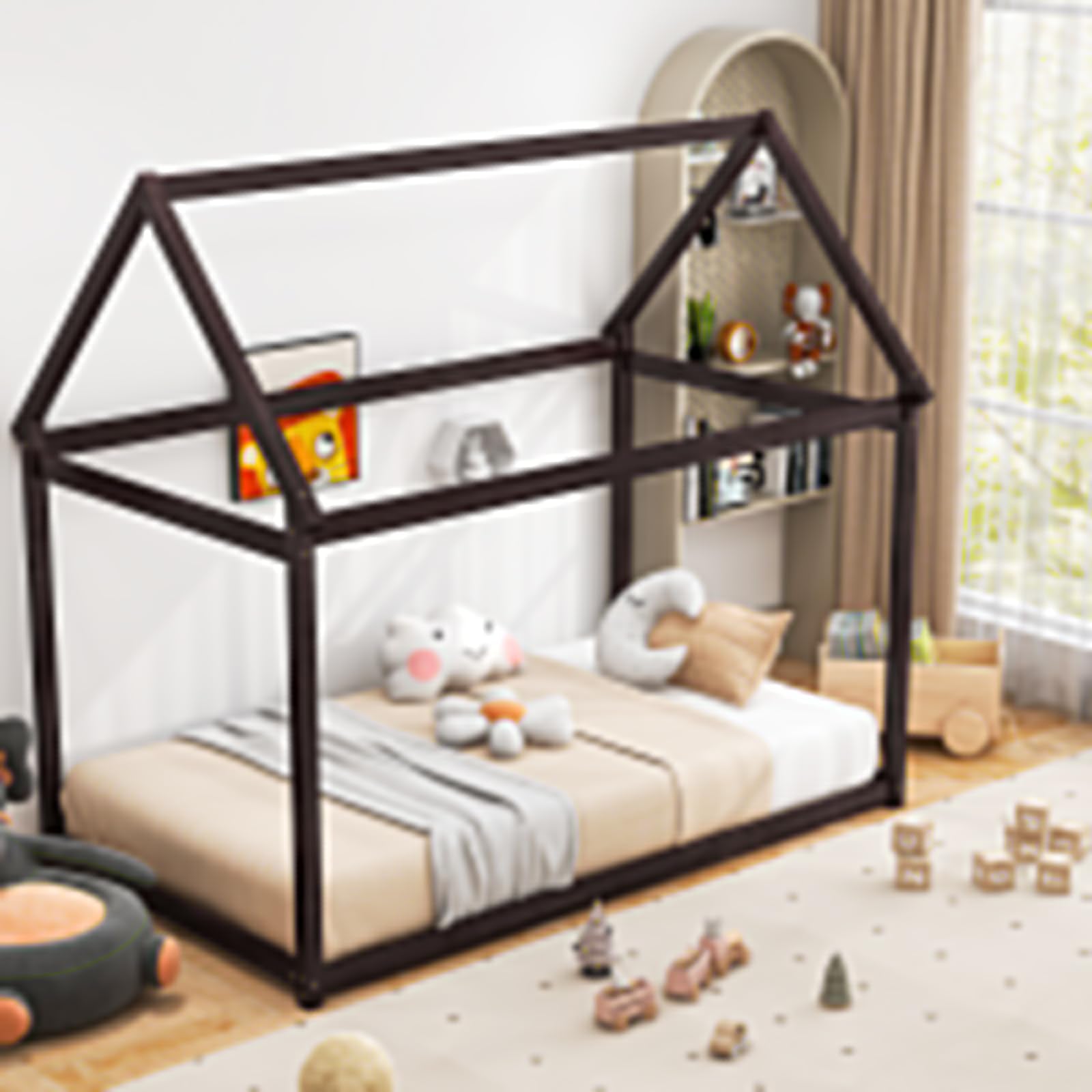 Twin Size House Bed for Kids, Solid Wood Platform Floor Bed with Roof & Multiple Slats