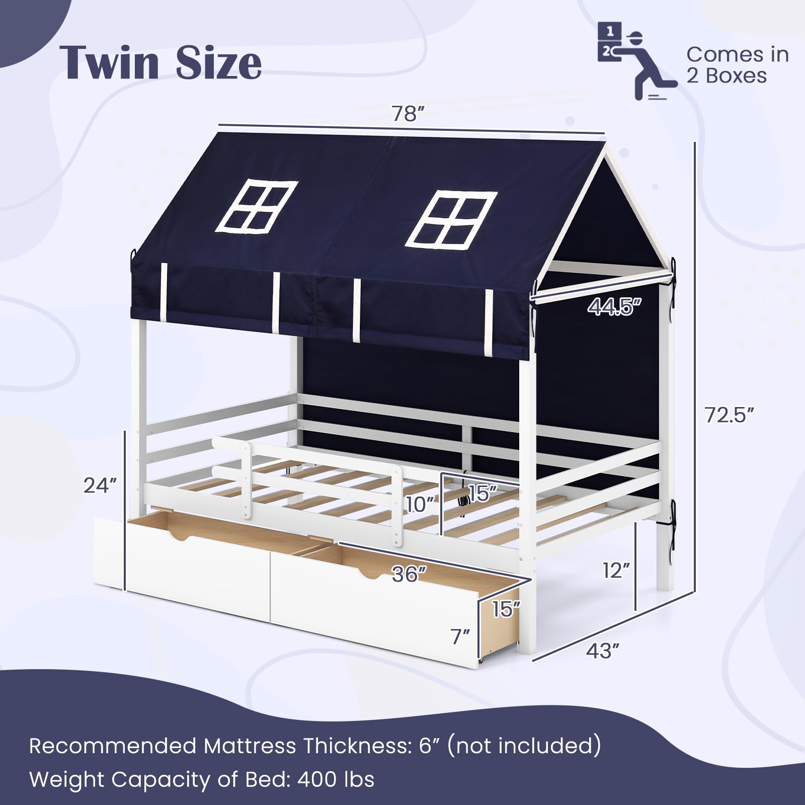 Twin House Bed with Tent, Wood Kids Bed with 2 Storage Drawers, Solid Wood Daybed Frame with Rails and Roof