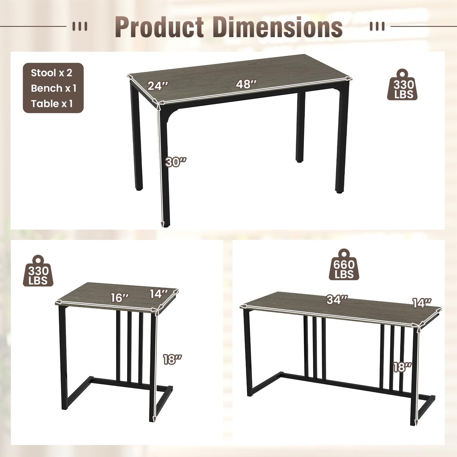 4 Piece Dining Table Set for 4 with Bench & 2 Stools, Space-Saving Desk Set