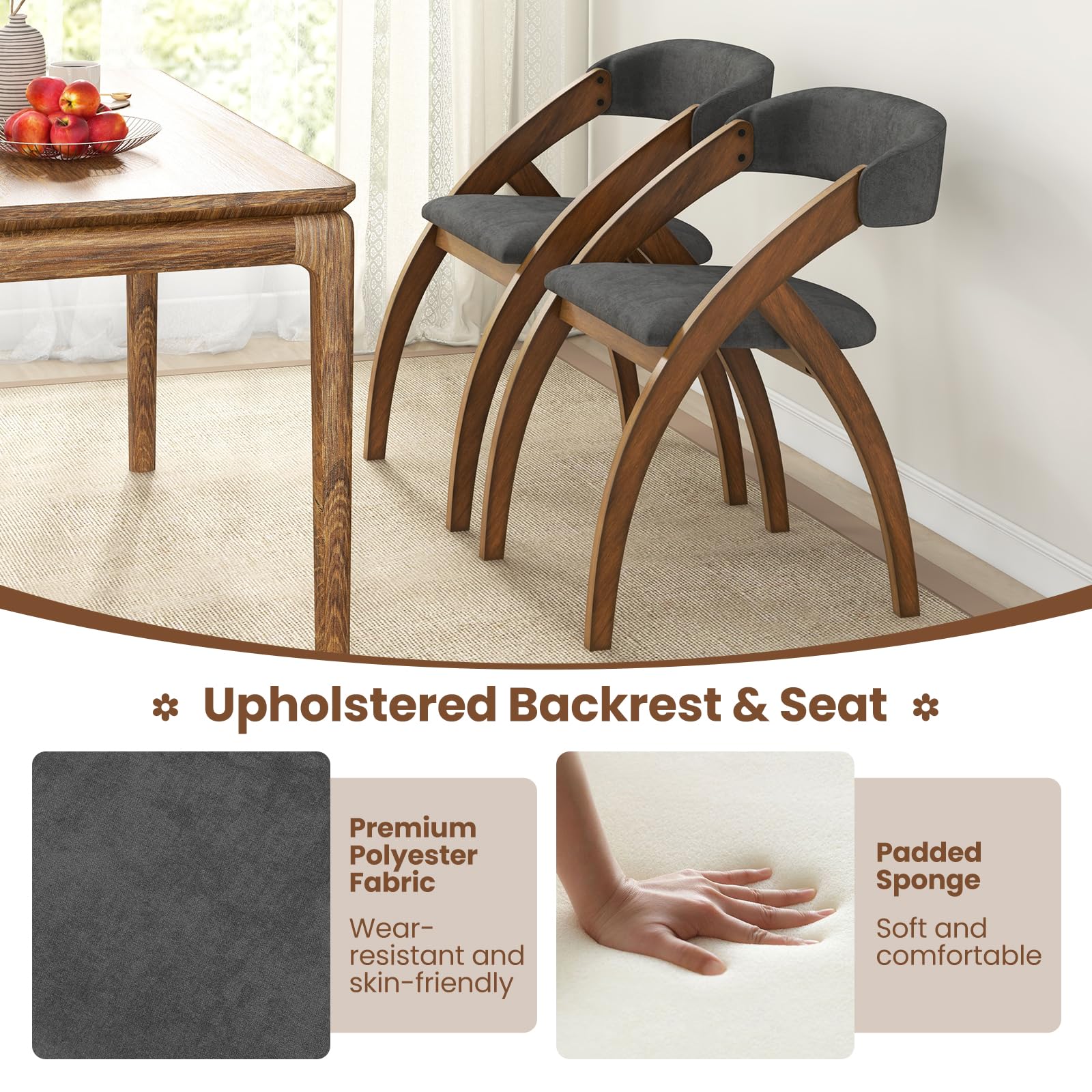 Wooden Dining Chairs Set of 2/4, Upholstered Kitchen Chairs w/Arched Rubber Wood Legs, Padded Cushion & Curved Back
