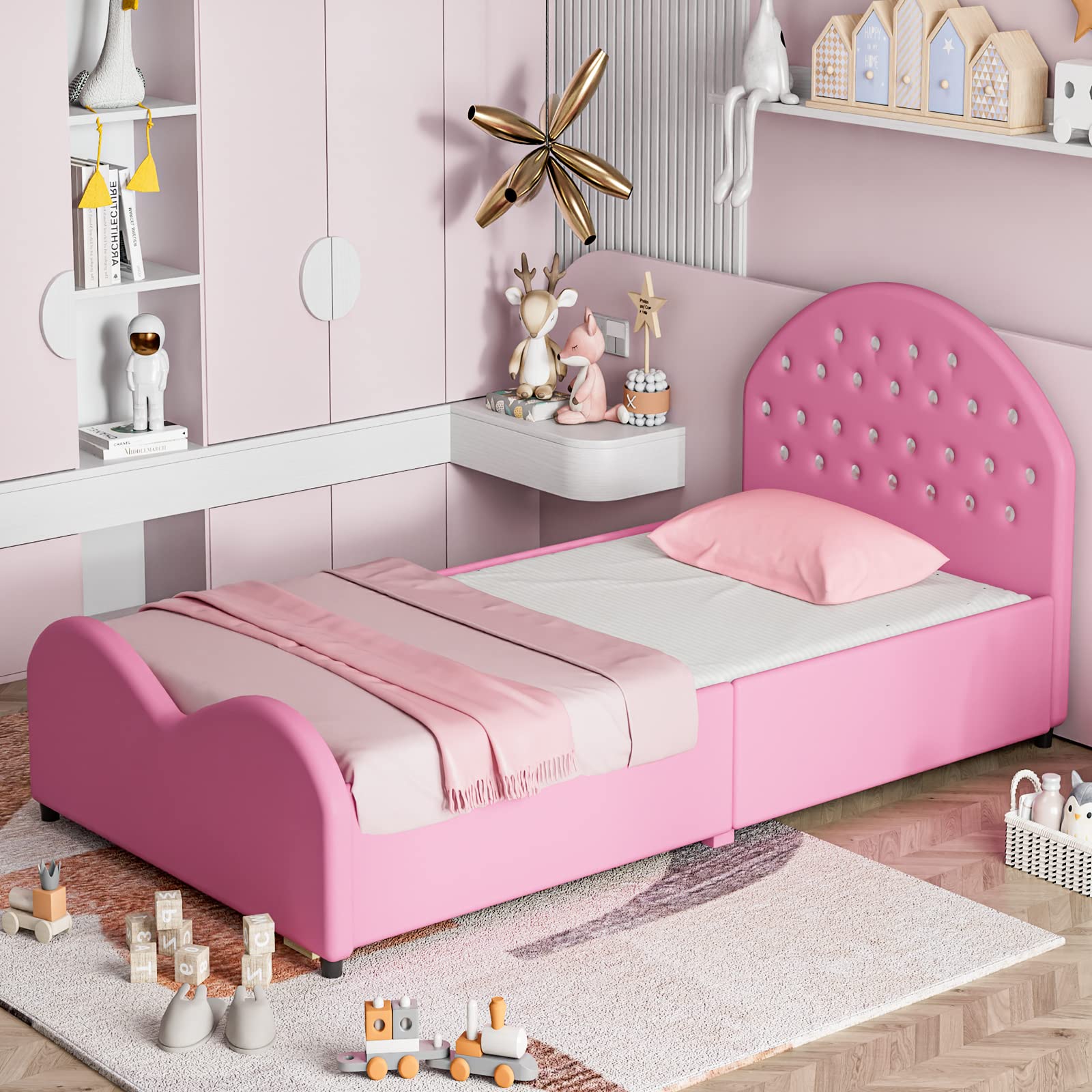 Kids Twin Bed Frame with Headboard, Toddler Upholstered Platform Bed with Slatted Bed Base