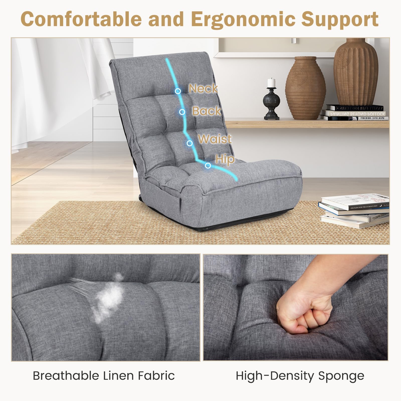 Folding Floor Gaming Chair with 4-Position Adjustable Back, 6-Position Adjustable Headrest, Side Pocket