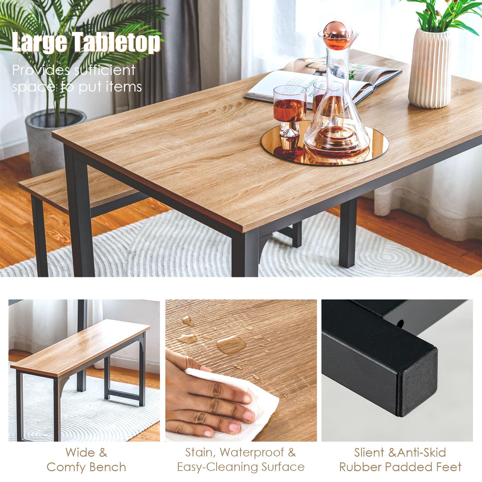 Dining Table Set for 4, 3-Piece Kitchen Table with 2 Benches