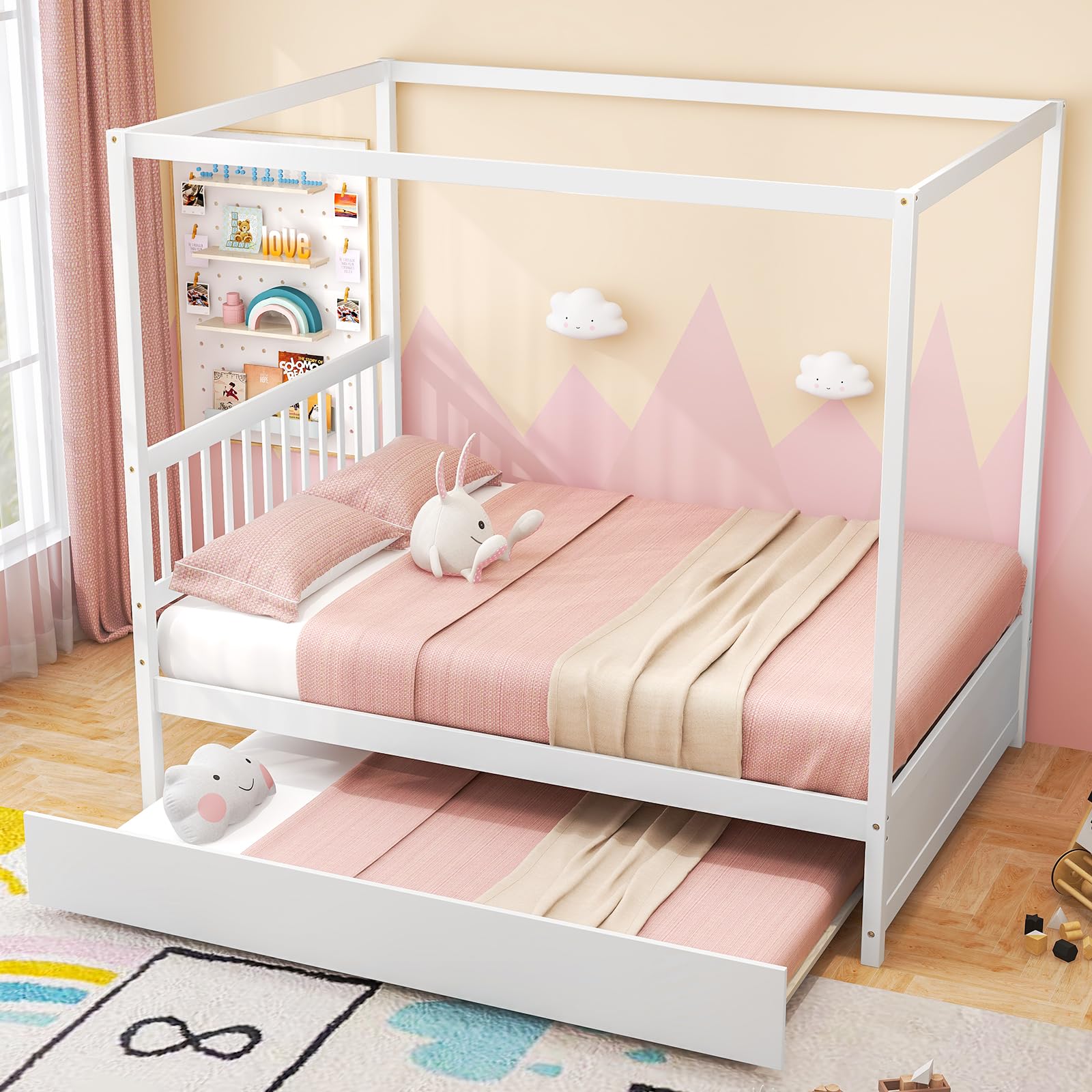 Wood Canopy Bunk Bed with Trundle, Full Size Solid Wood Platform Bed with Headboard