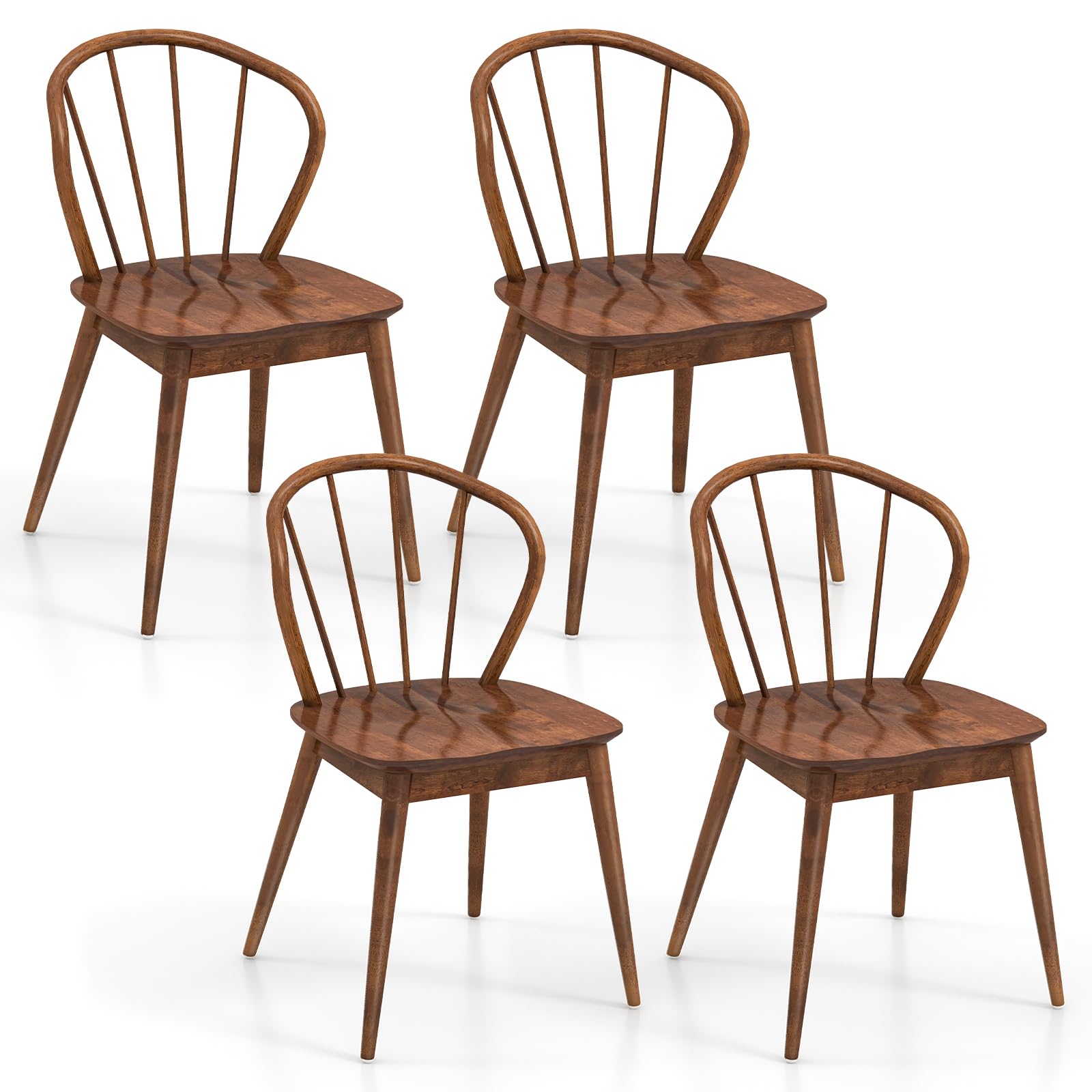 Wooden Dining Chairs Set of 2/4, Windsor Kitchen Chairs w/High Spindle Back & Rubber Wood Legs, Wide Seat & Curved Backrest