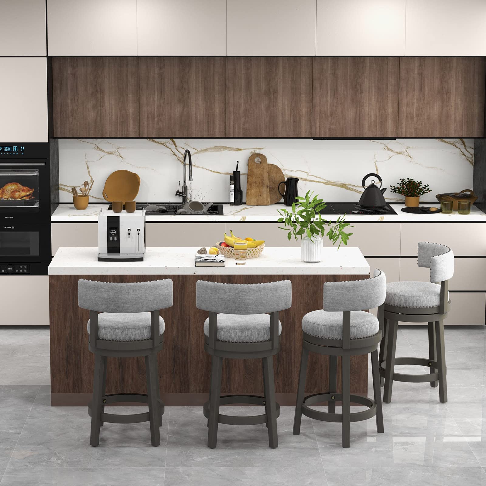 Modern 360&deg; Swivel Bar Stool with Upholstered Back & Seat, Solid Rubber Wood Legs & Round Footrest