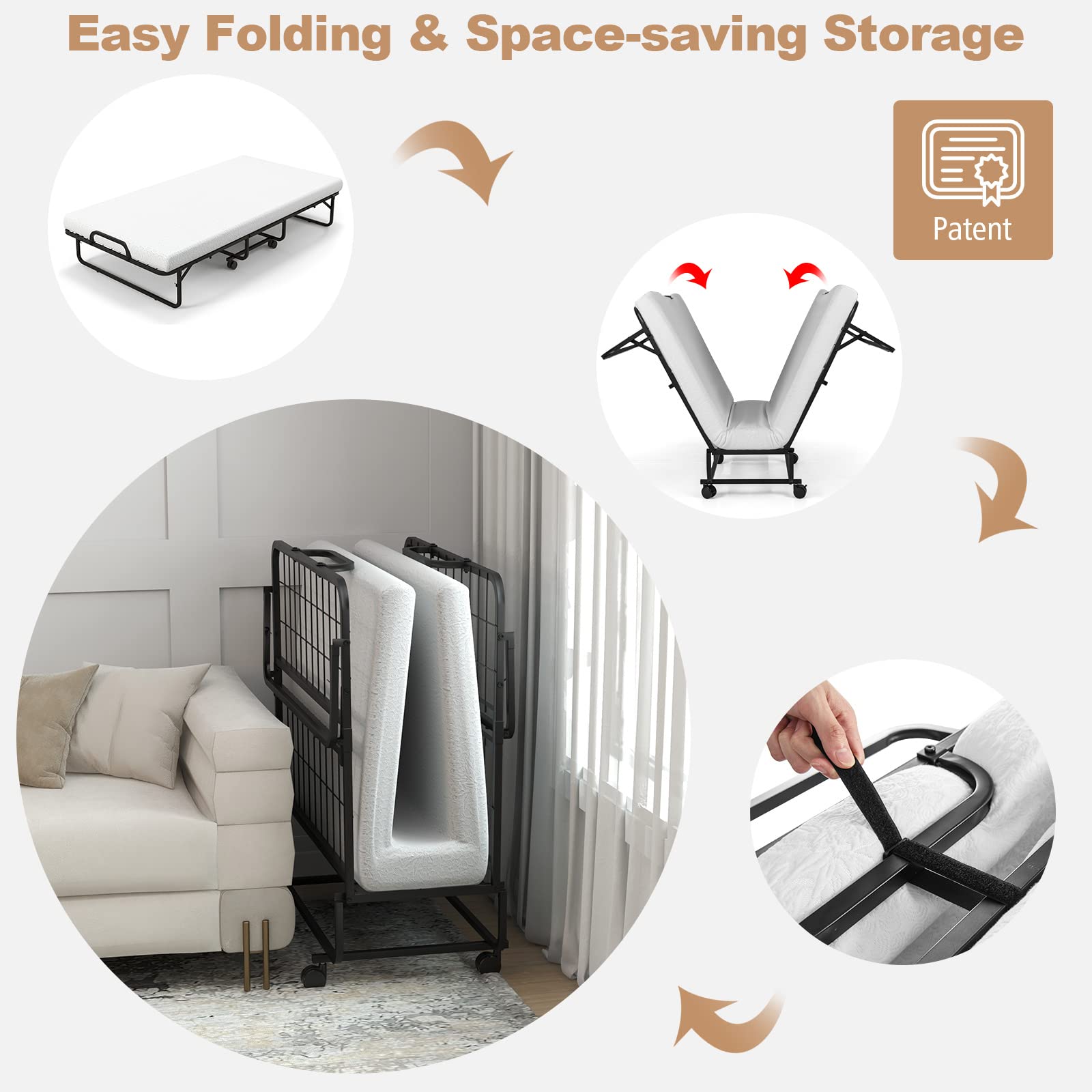 Folding Bed with 4" Mattress for Adults, Twin Size Rollaway Guest Beds w/Sturdy Metal Frame & Memory Foam Mattress