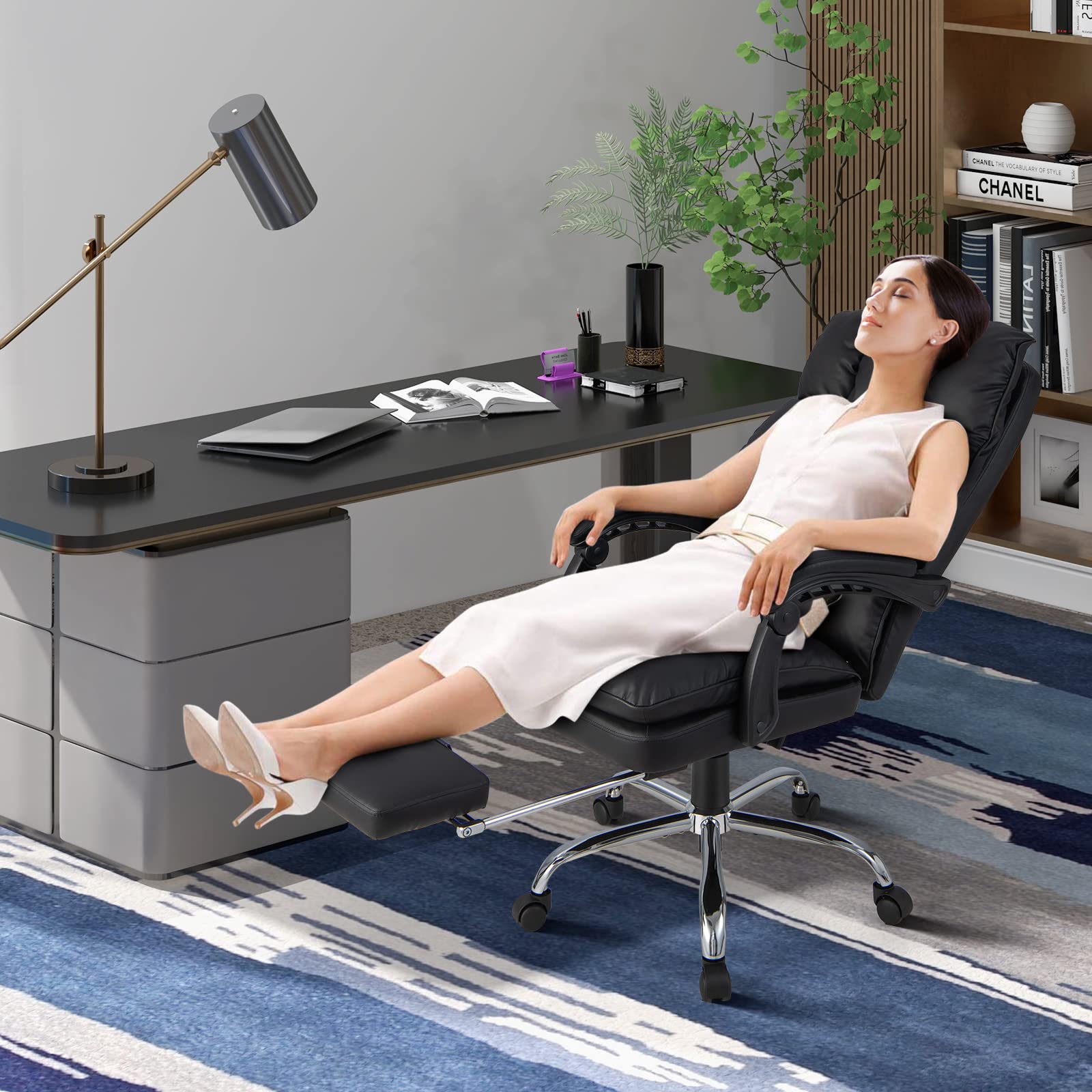 Ergonomic Office Chair with Footrest, PU Leather Reclining Chair with Padded Armrests & Soft Cushioned