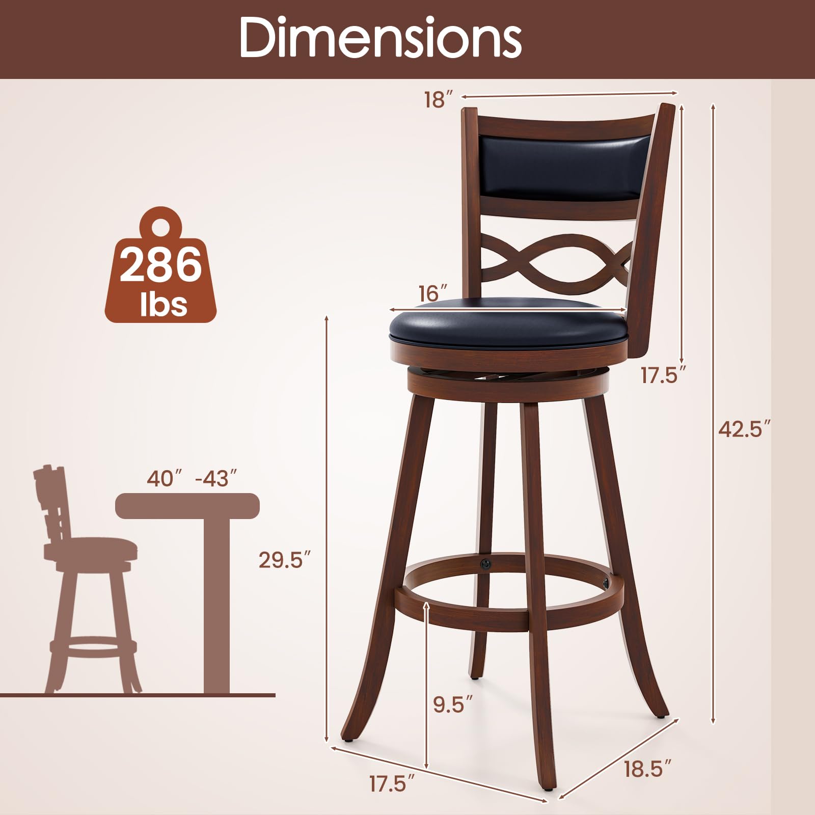 Bar Stools Set of 2/4, 24.5&rdquo; Counter Height Stools with Rubber Wood Frame, Faux Leather Upholstered Seat and Backrest