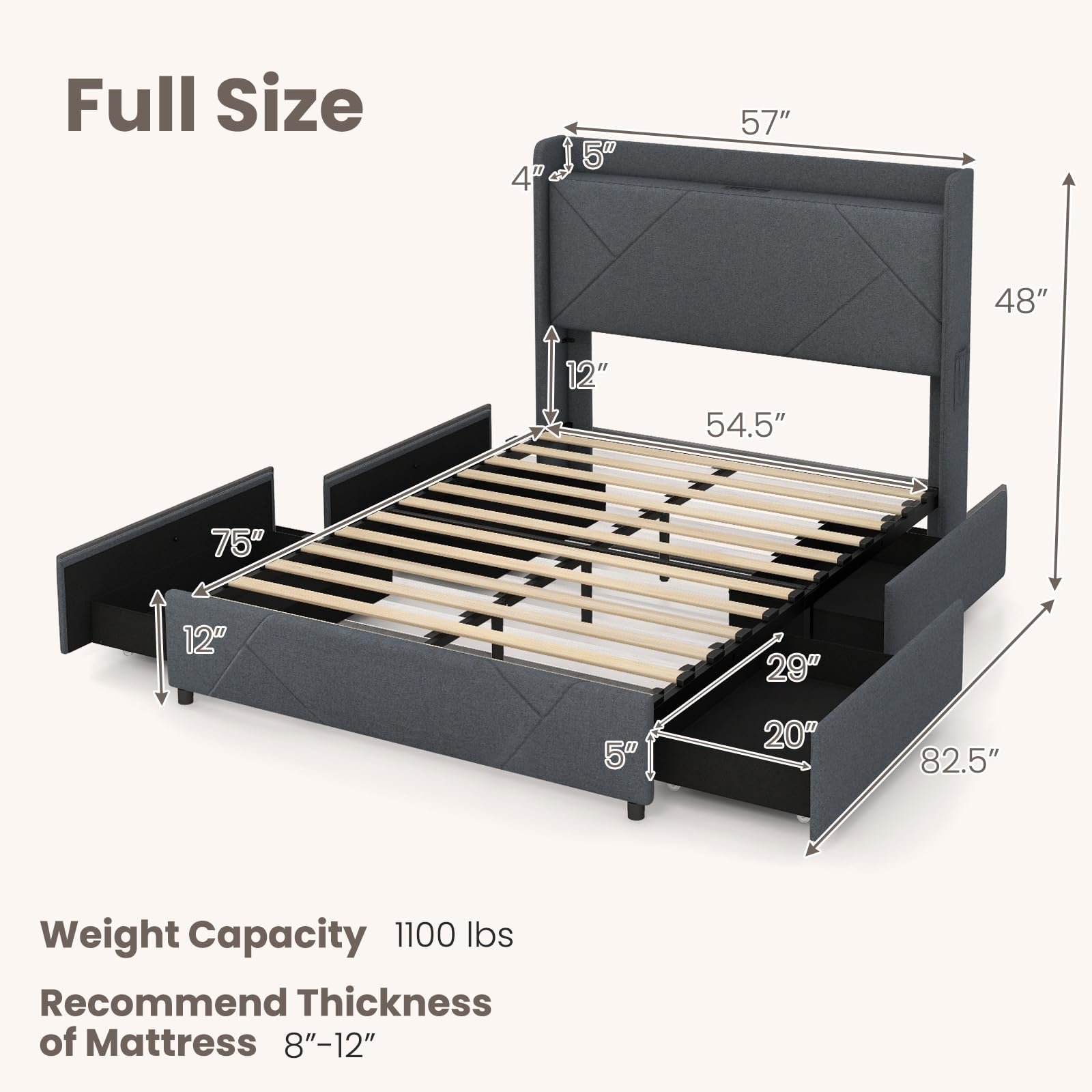 Upholstered Bed Frame with 4 Storage Drawers & LED Lights, Wingback Headboard & Charging Station
