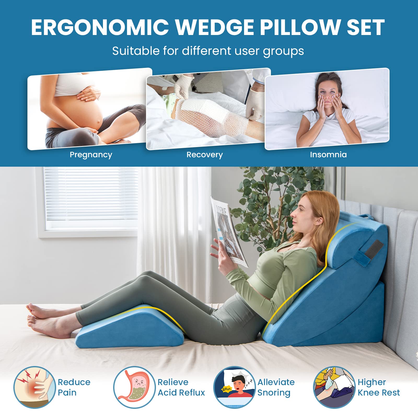 4 PCS Wedge Pillow Set, Adjustable Memory Foam Incline Pillows with Removable & Washable Cover