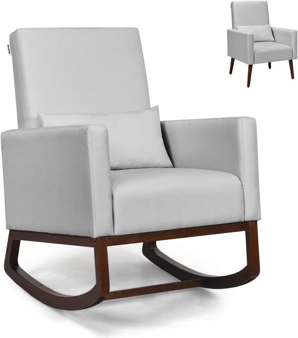 Upholstered Rocking Chair, Modern High Back Armchair, Comfortable Rocker with Fabric Padded Seat, Waist Pillow