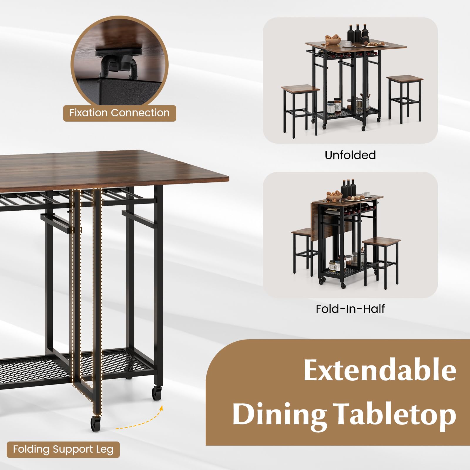 3 Piece Foldable Dining Table Set, Extendable Dining Table & 2 Stools Set w/ 6-Bottle Wine Rack, Shelves & Side Pushing Handle