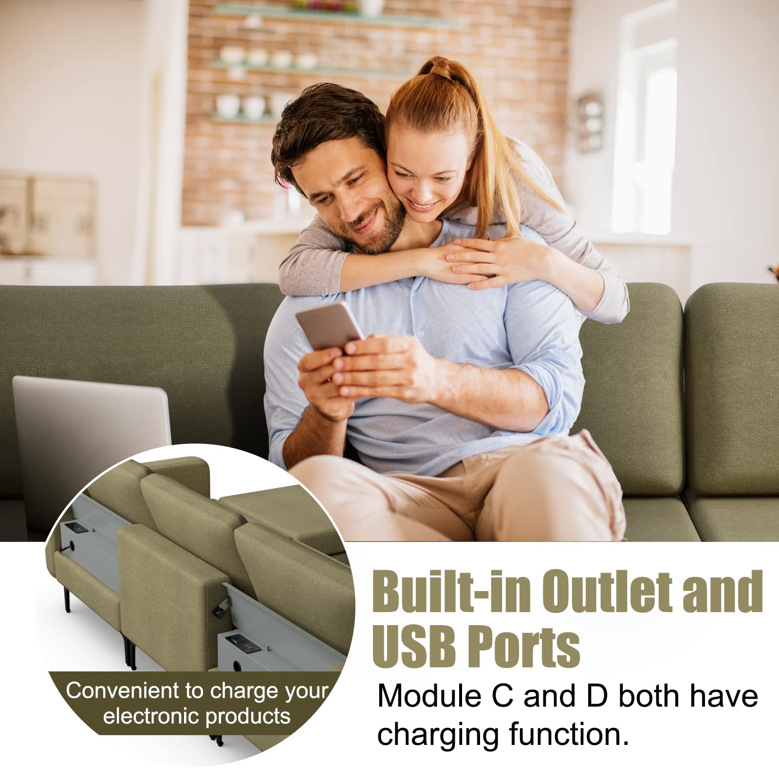 4 Seat Convertible L-Shaped Sofa Couch, 123 Inch Sectional Sleeper with 2 USB Ports Socket