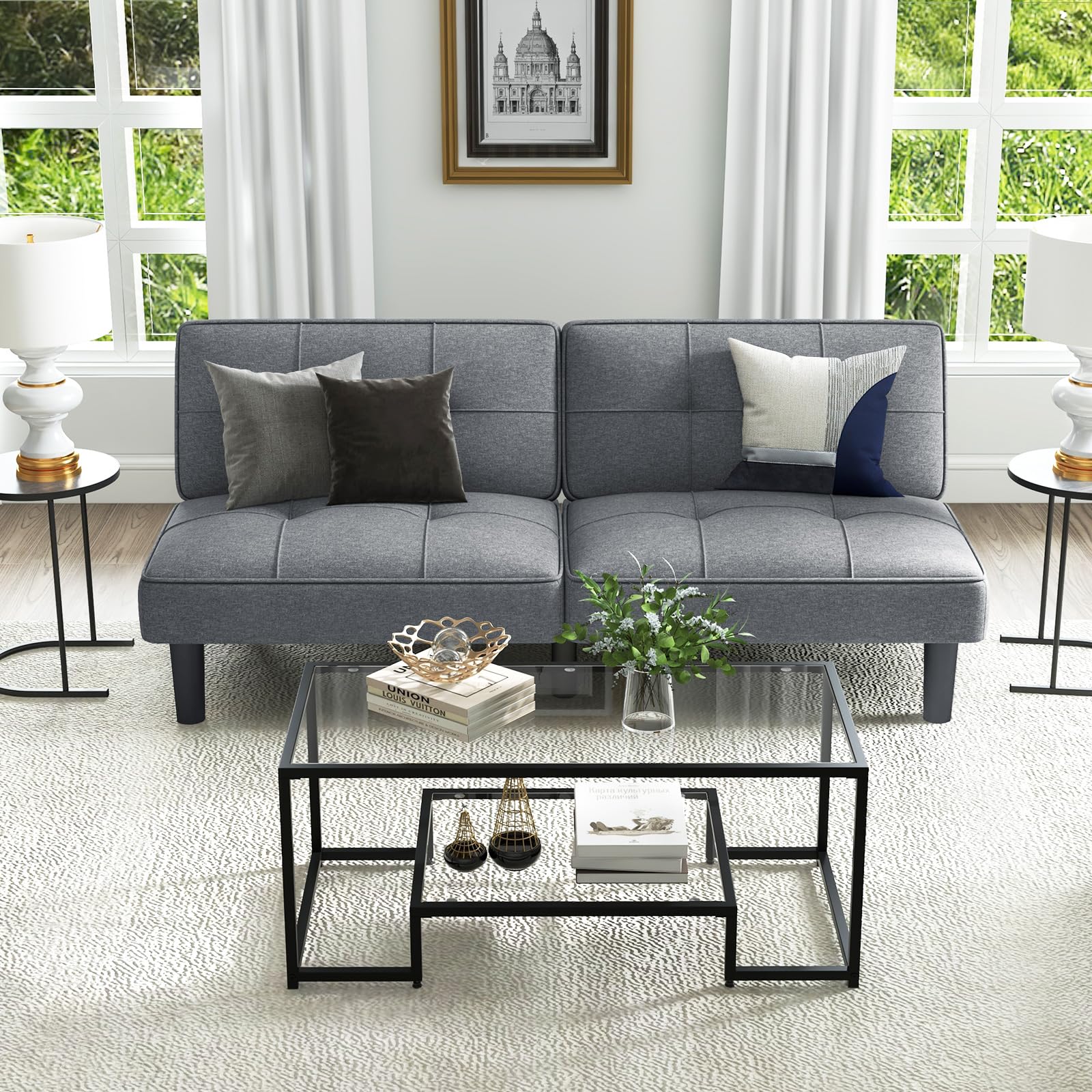 Convertible Futon Sofa Bed, Upholstered Folding Linen Sleeper Couch with 6-Position Adjustable Backrest
