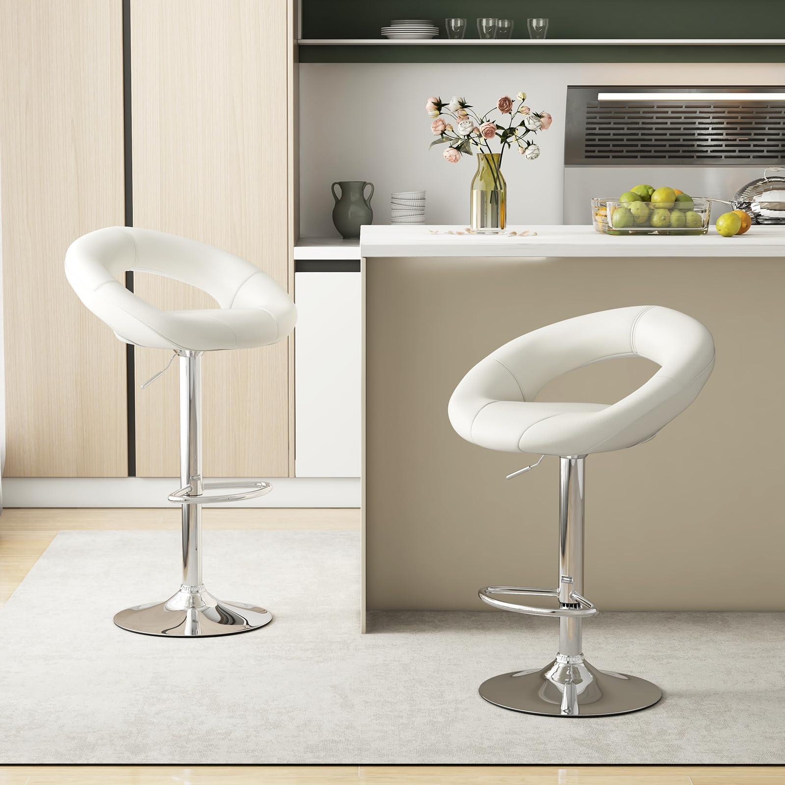 Adjustable Swivel Bar Stools Set of 2/4, Modern PU Leather Counter Height Bar Chairs w/Hollowed Back, Footrest, Metal Base
