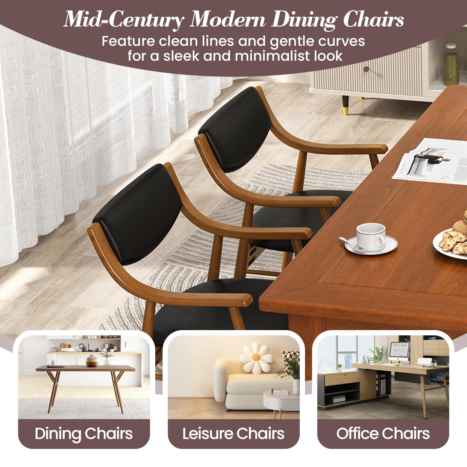 Wooden Dining Chairs Set of 2/4, PU Leather Upholstered Kitchen Chairs w/Padded Seat & Back, Rubber Wood Frame