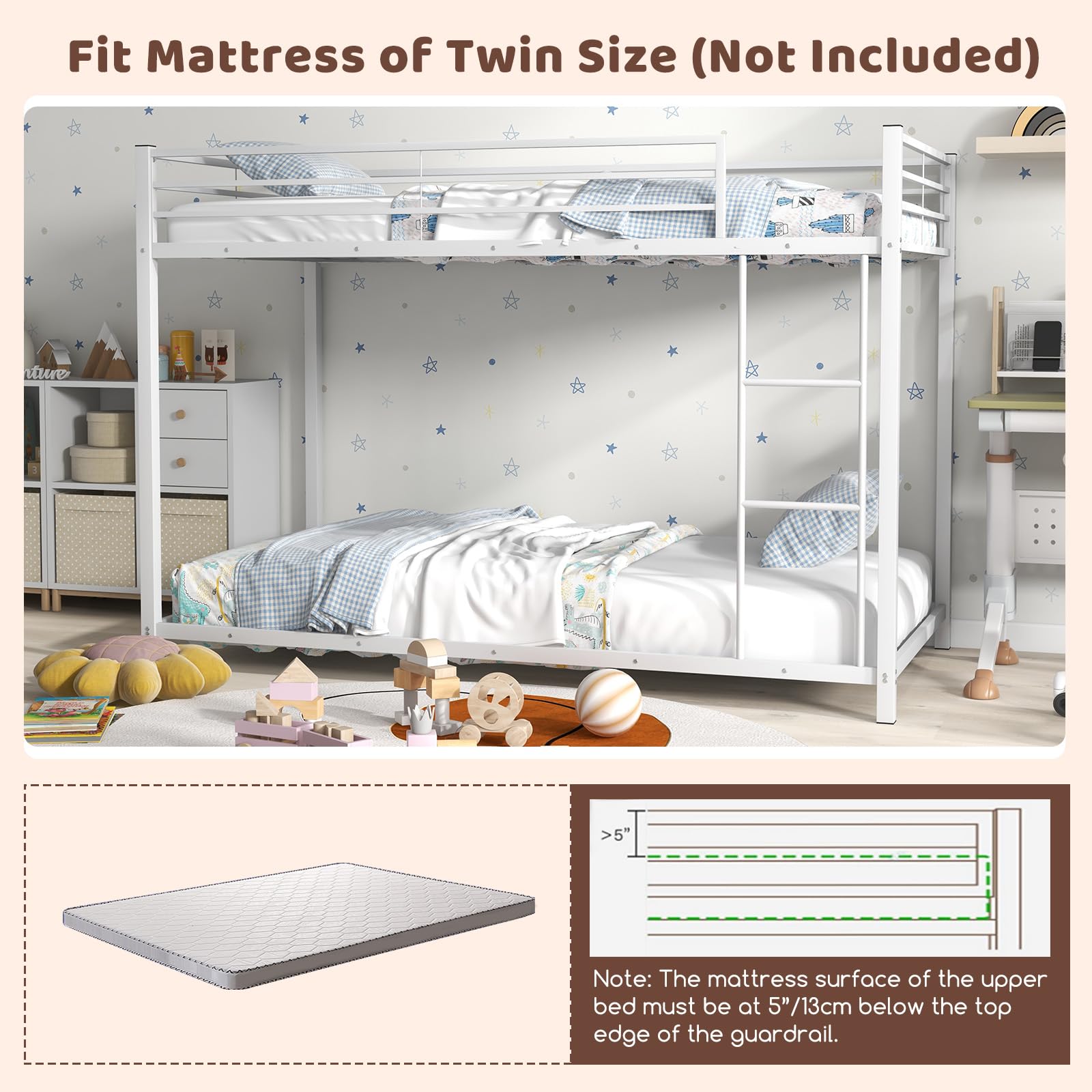 Twin Over Twin Metal Low Profile Bunk Bed with Safety Guard Rails & Side Ladder