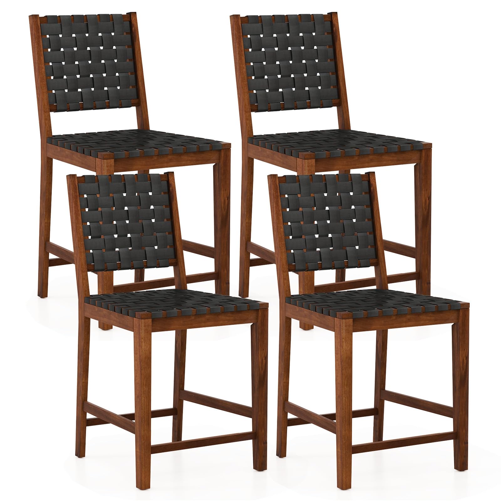 24" Counter Height Bar Stools Set of 2/4, Solid Wood Woven Rustic Barstools w/Faux PU Leather Straps