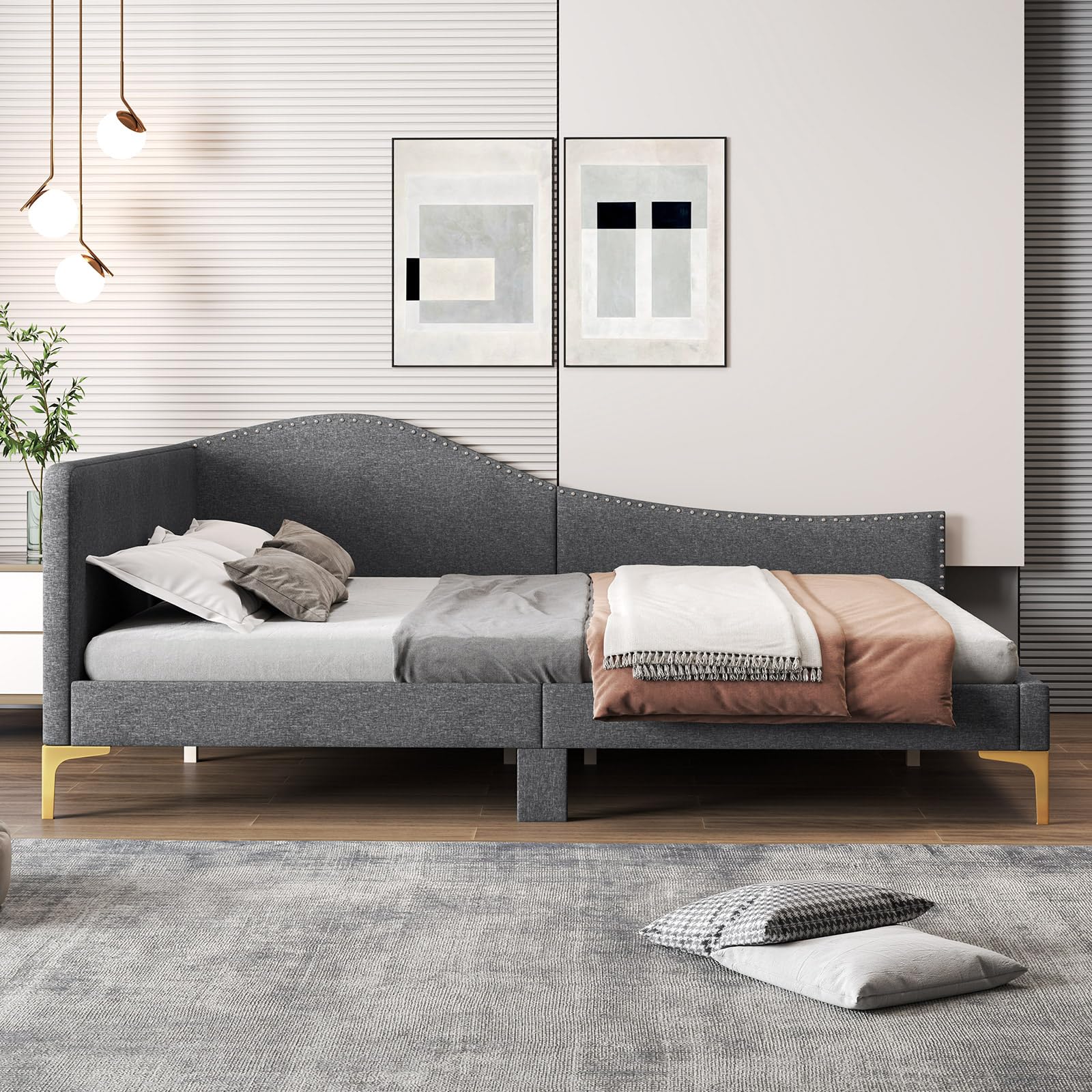 Rivet-Tufted Platform Bed Frame with Headboard, Metal Legs & Wood Slats, L-Shaped Corner Sofa Bed