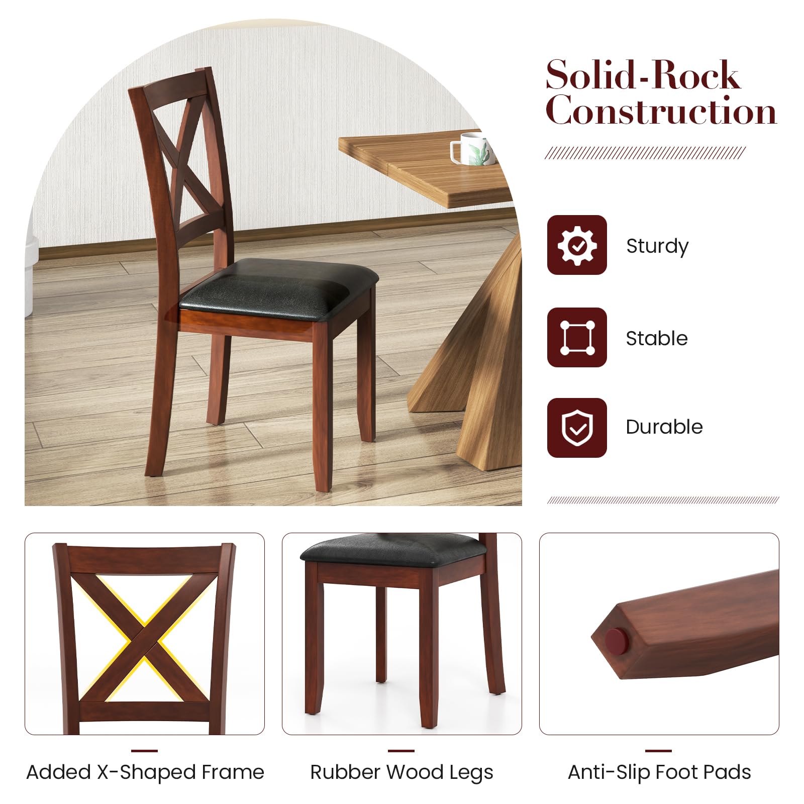 Wood Dining Chairs Set of 2/4, Faux Leather Upholstered Dining Chairs with Rubber Wood Legs
