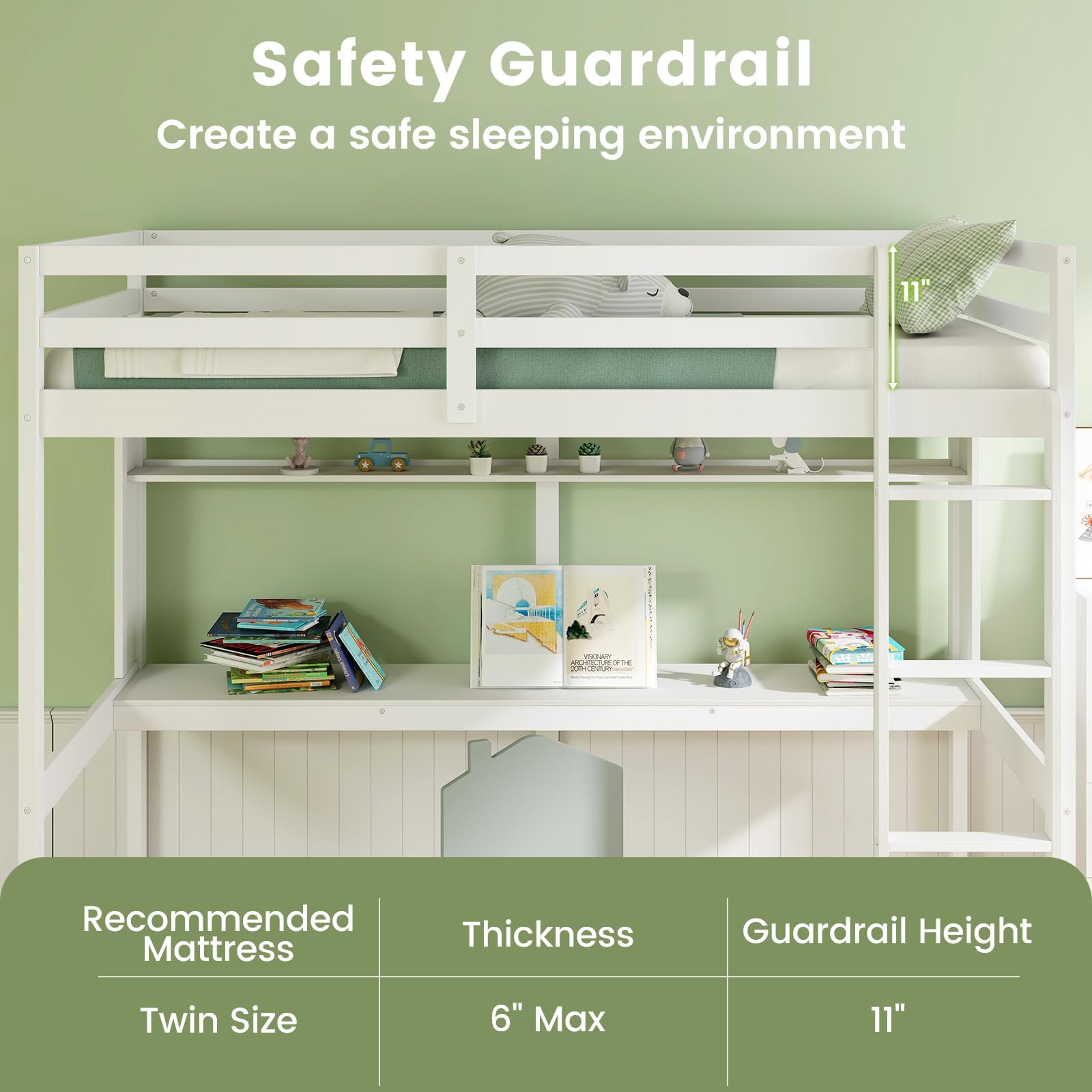Twin Size Loft Bed with Desk, Bookshelf, Full Length Safety Guardrail & Ladder