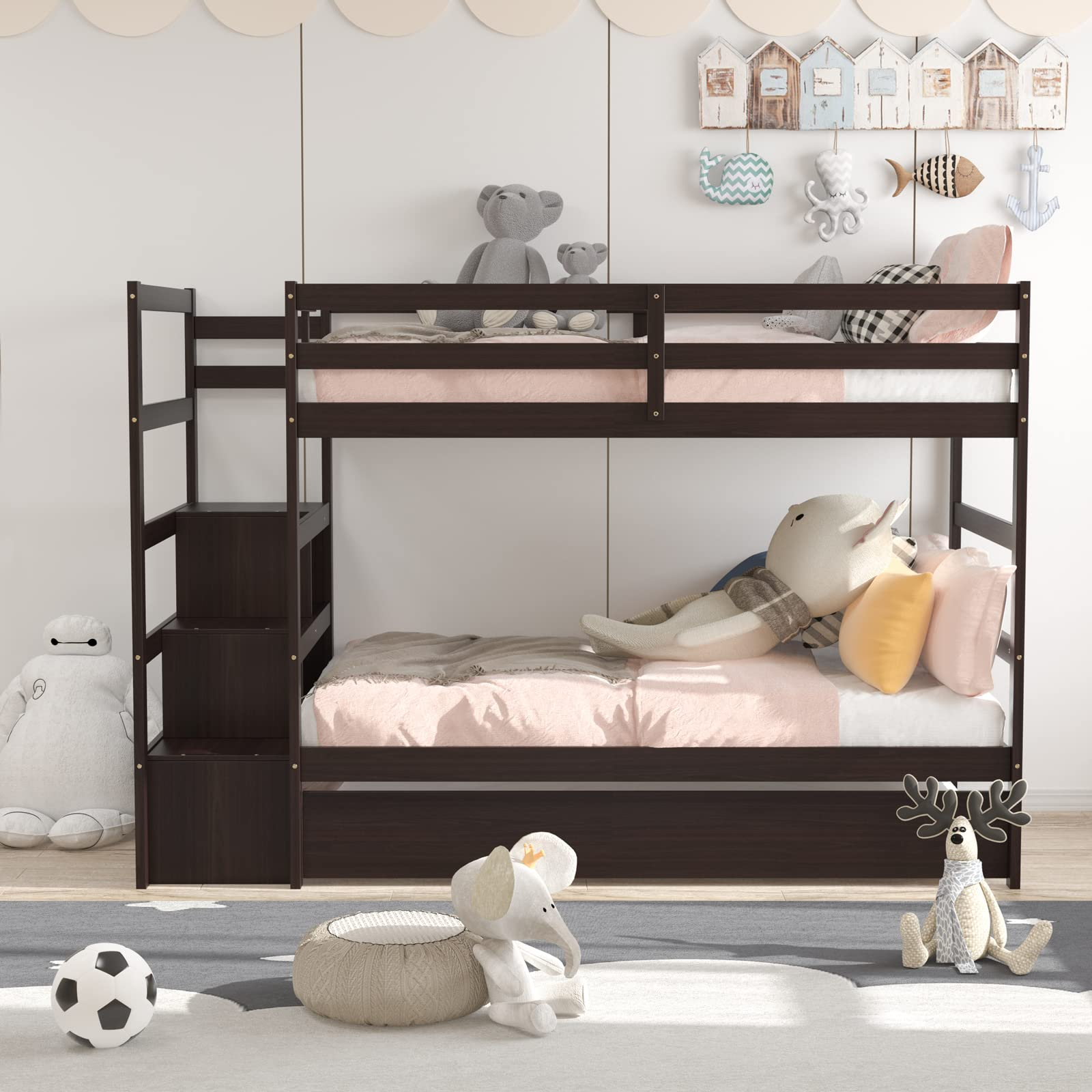 Twin Over Twin Bunk Bed with Trundle & Staircase, Storage Shelves & Drawer
