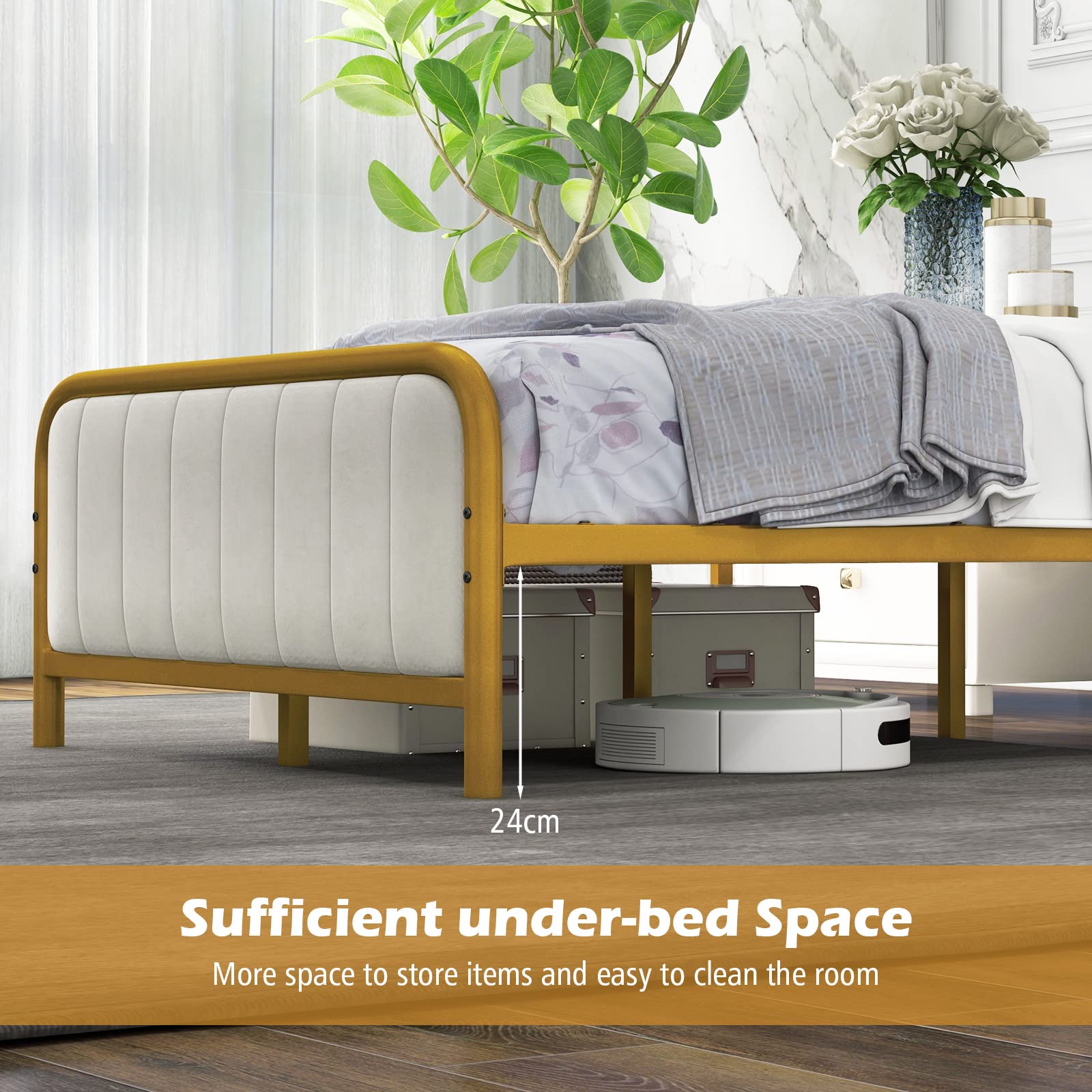 Gold Metal Bed Frame, Heavy-Duty Metal Mattress Foundation with Velvet Headboard and Footboard
