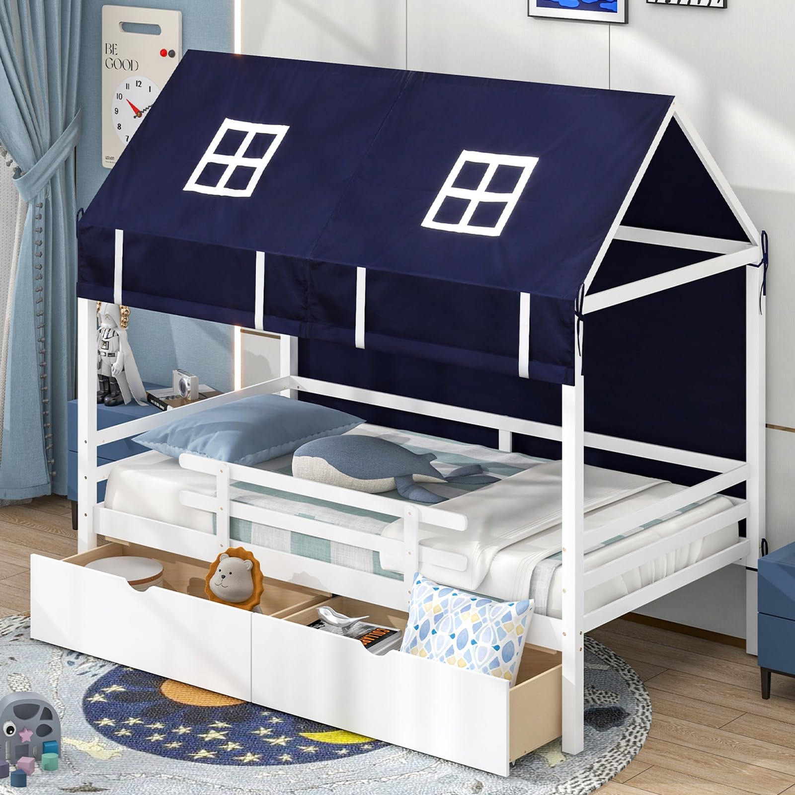 Twin House Bed with Tent, Wood Kids Bed with 2 Storage Drawers, Solid Wood Daybed Frame with Rails and Roof