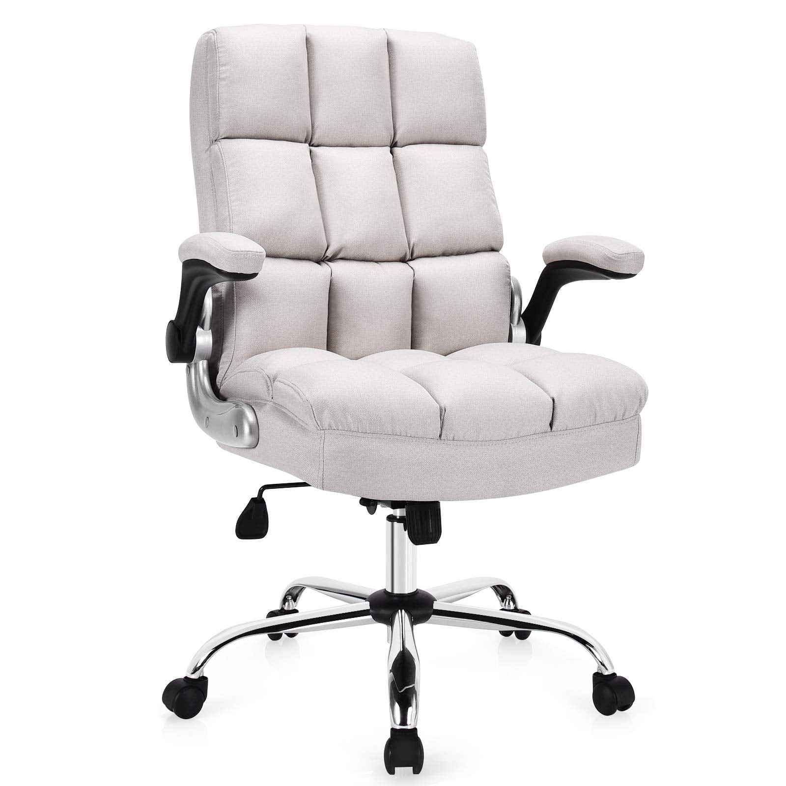 Executive Office Chair, Adjustable Tilt Angle and Flip-up Armrest Linen Fabric Upholstered Chair with Thick Padding