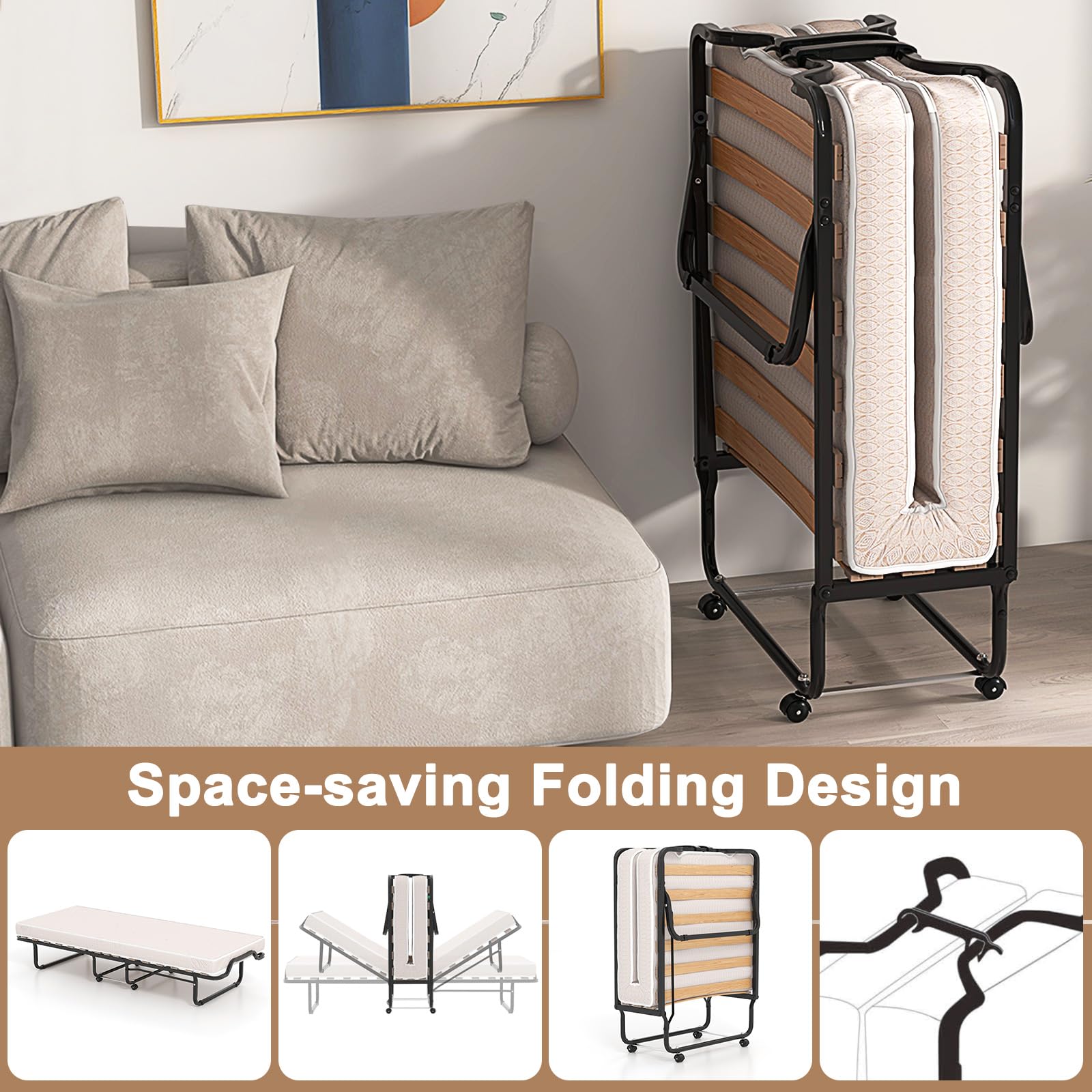 Twin Size Folding Rollaway Bed with Mattress for Adults
