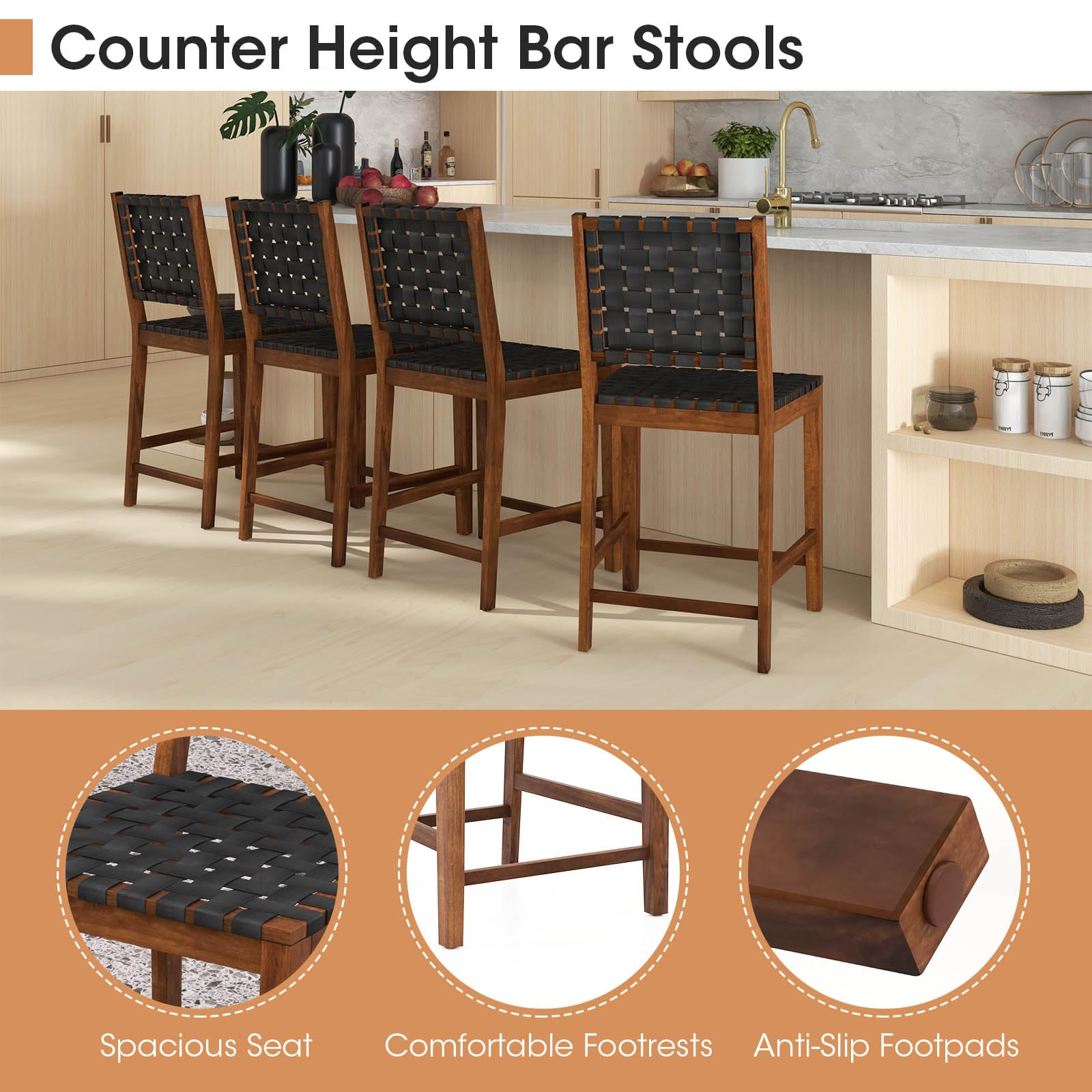 24" Counter Height Bar Stools Set of 2/4, Solid Wood Woven Rustic Barstools w/Faux PU Leather Straps