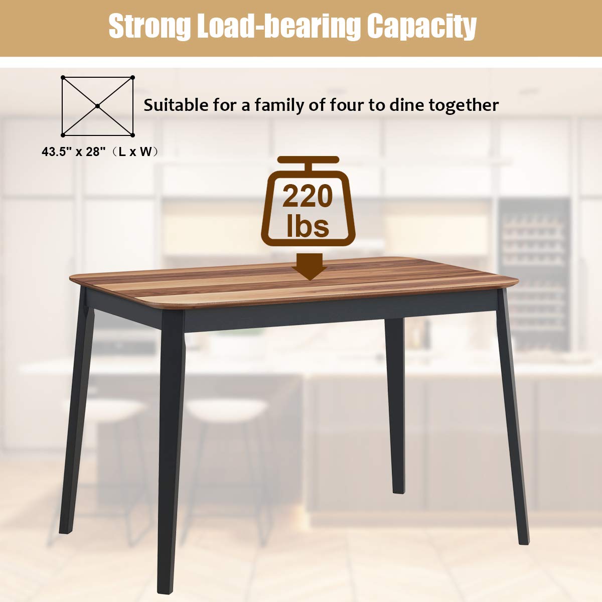 43.5" L Rectangular Dining Table, Farmhouse Dinette Table w/ 4 Rubber Wood Legs