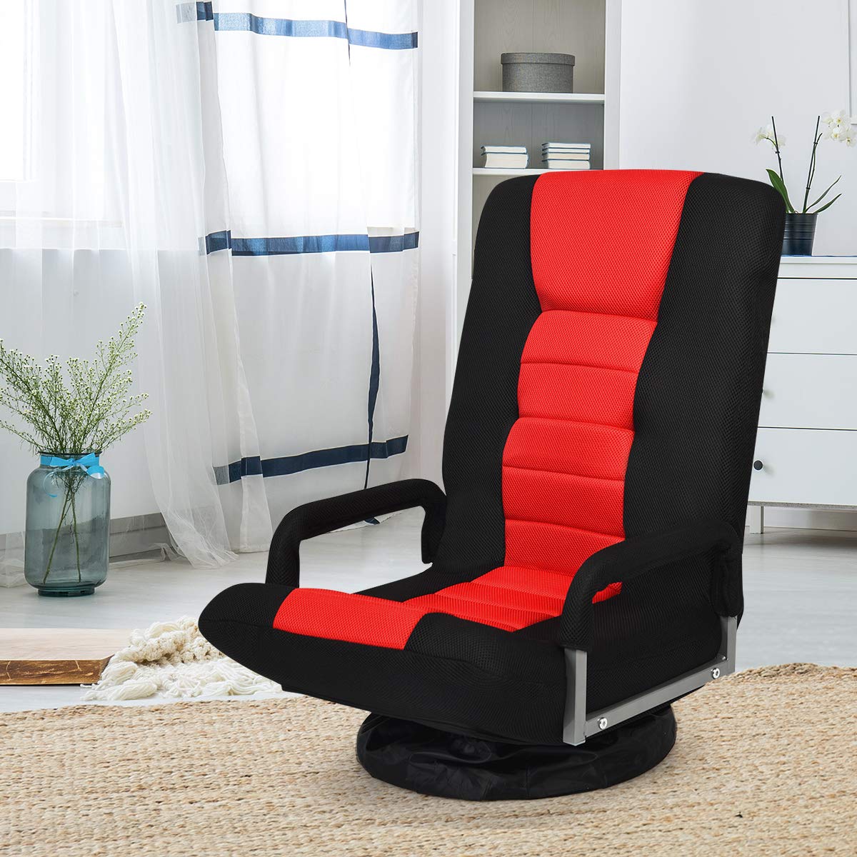 360-Degree Foldable Swivel Gaming Floor Chair With 6 Adjustable Position, Armrests, Padded Backrest