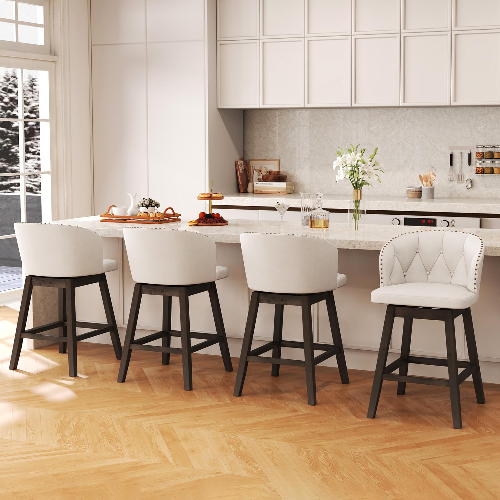 Counter Height Bar Stools Set of 2/4, Fabric Upholstered Island Stools with 360&deg; Swivel Seat & Button-Tufted Back