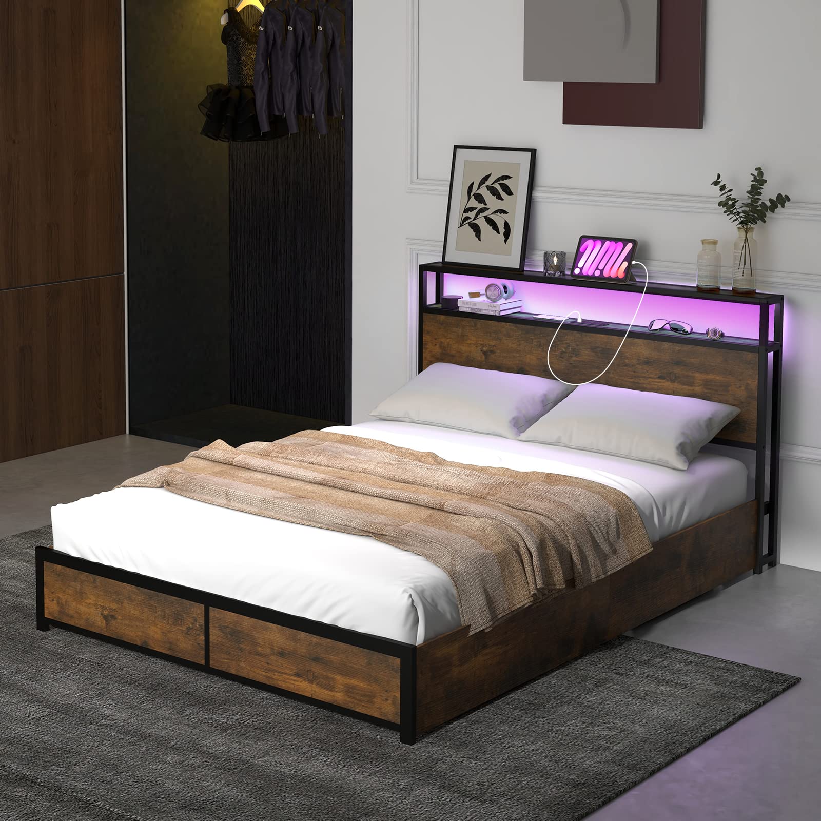 Metal Bed Frame with LED Lights Headboard and 4 Storage Drawers, Outlets and USB Ports Charging Station