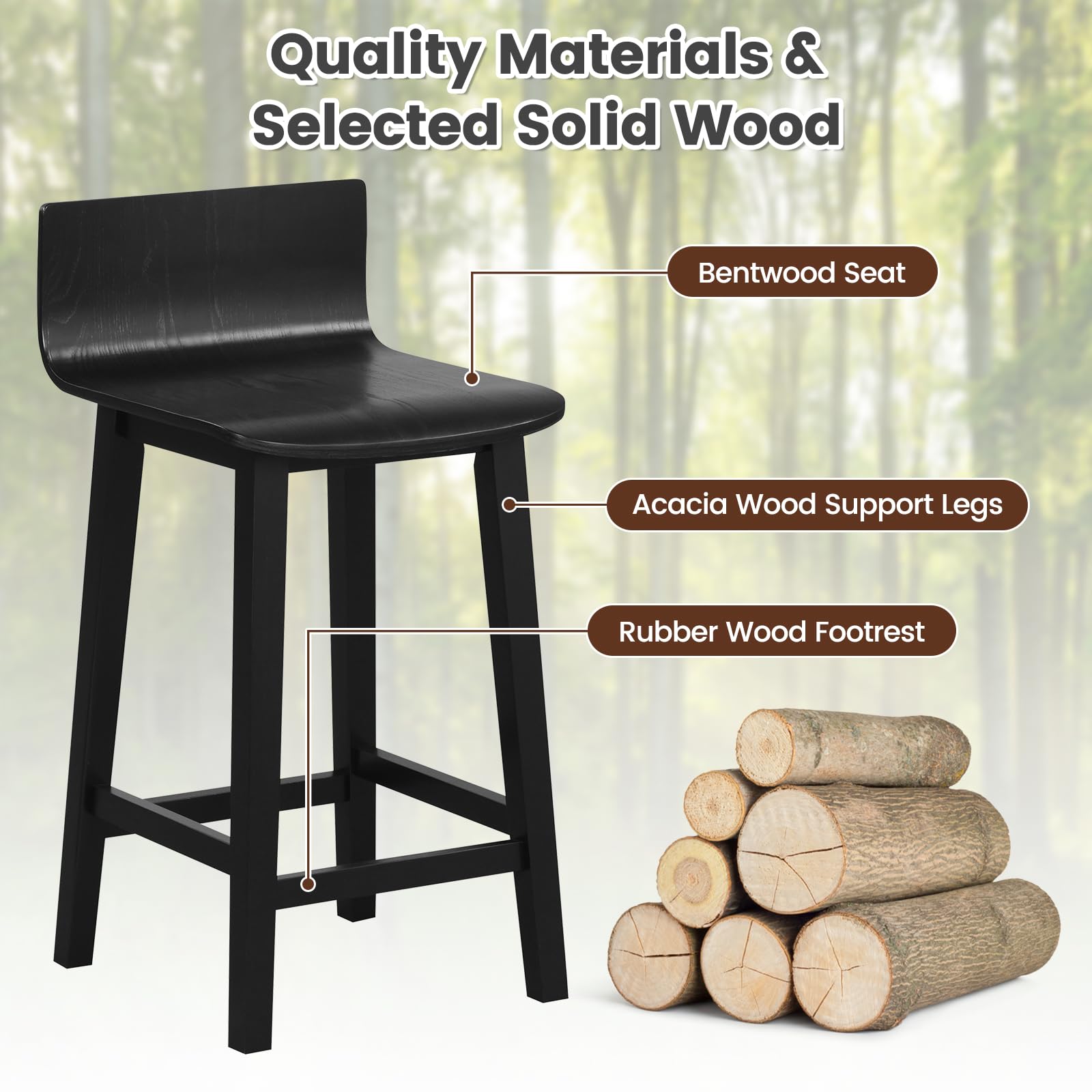 Solid Wood Bar Stools Set of 2/4, Counter Height Chairs with Low Back and Footrest
