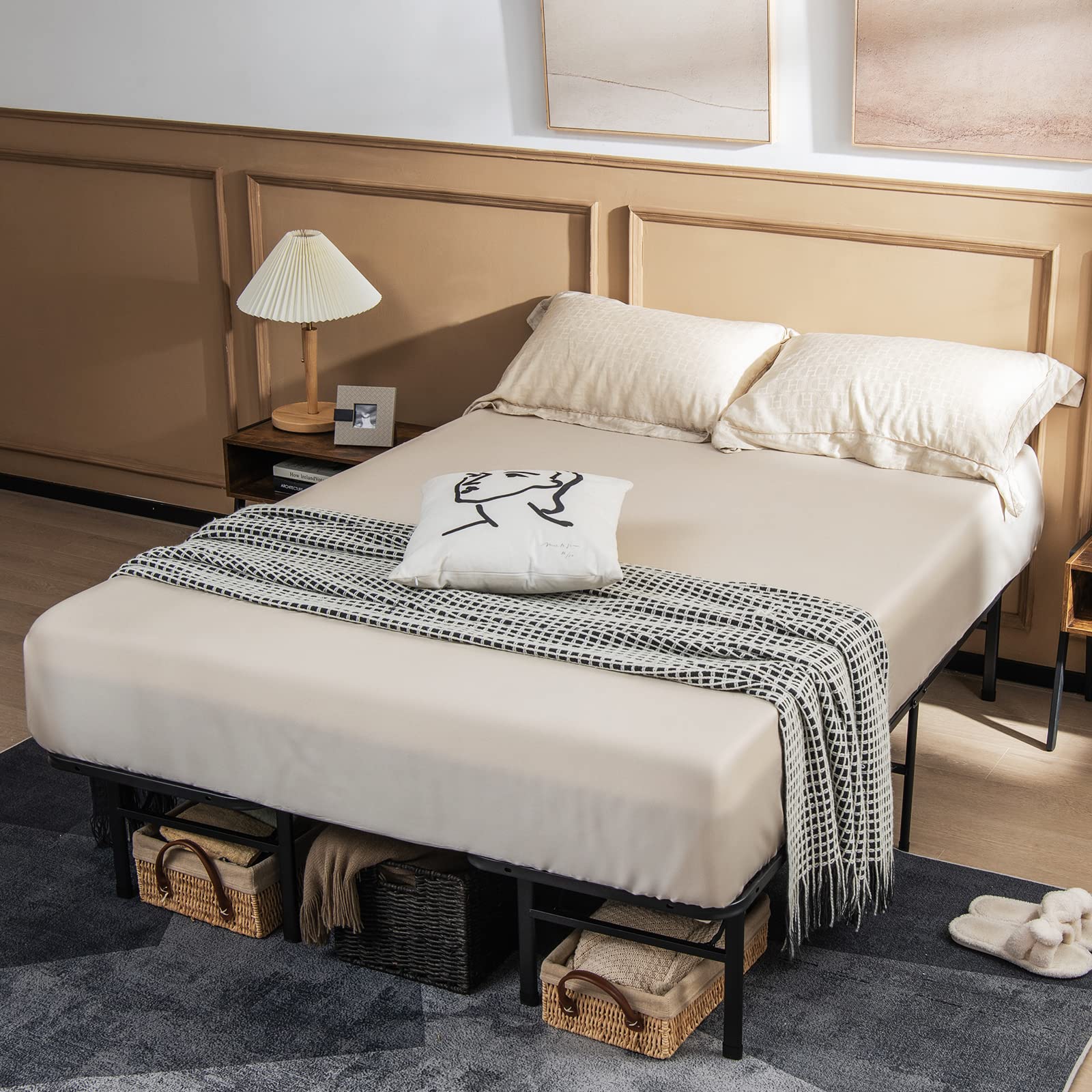 2 in 1 Folding Metal Bed Frame,Twin/Full- Queen/King Size Portable Bed Base
