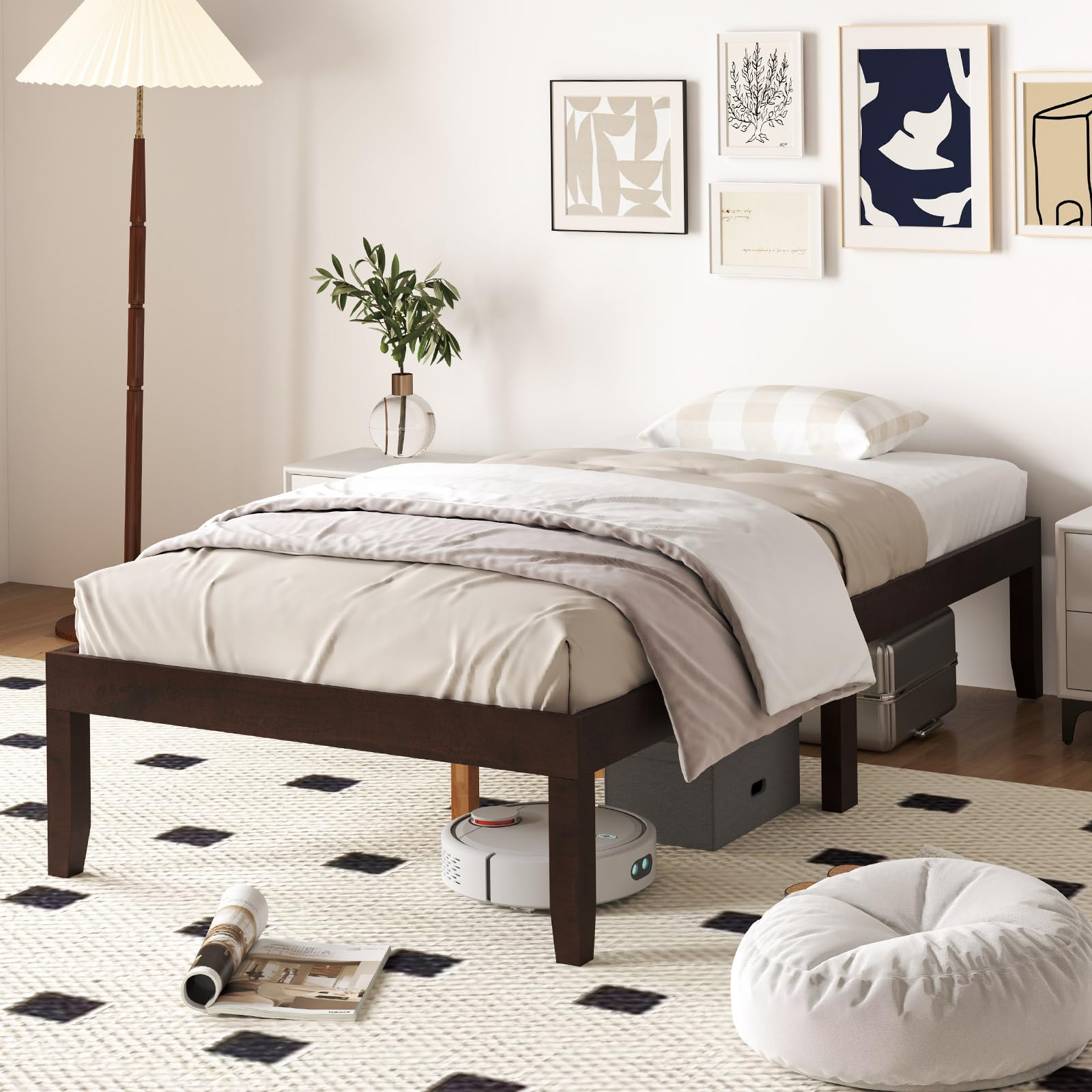 Wood Platform Bed Frame, 14 Inches Wooden Mattress Foundation with Solid Rubber Wood Legs