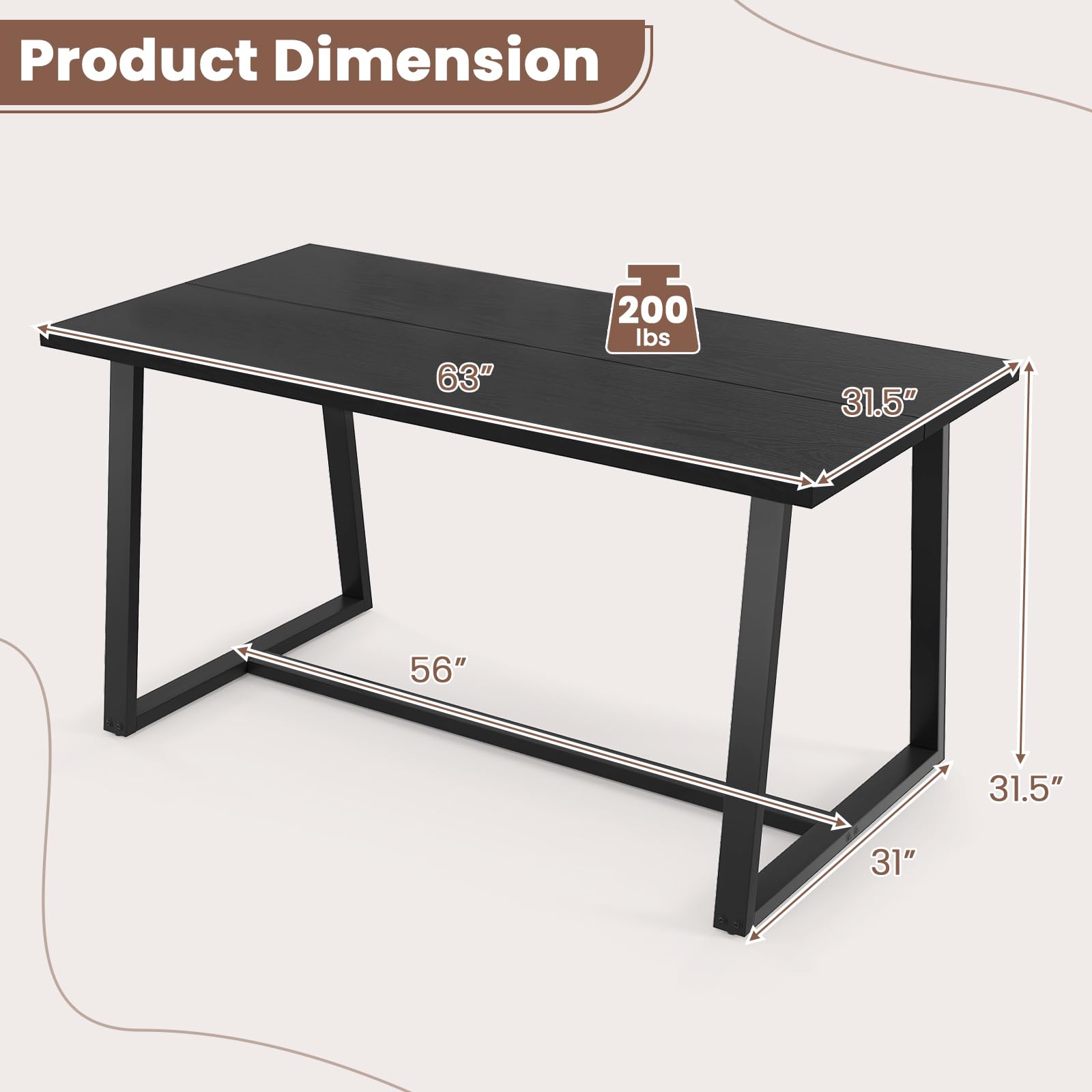 63" Rectangular Large Dining Table for 4-6, Mid-Century Kitchen Table w/Heavy-Duty Metal Frame